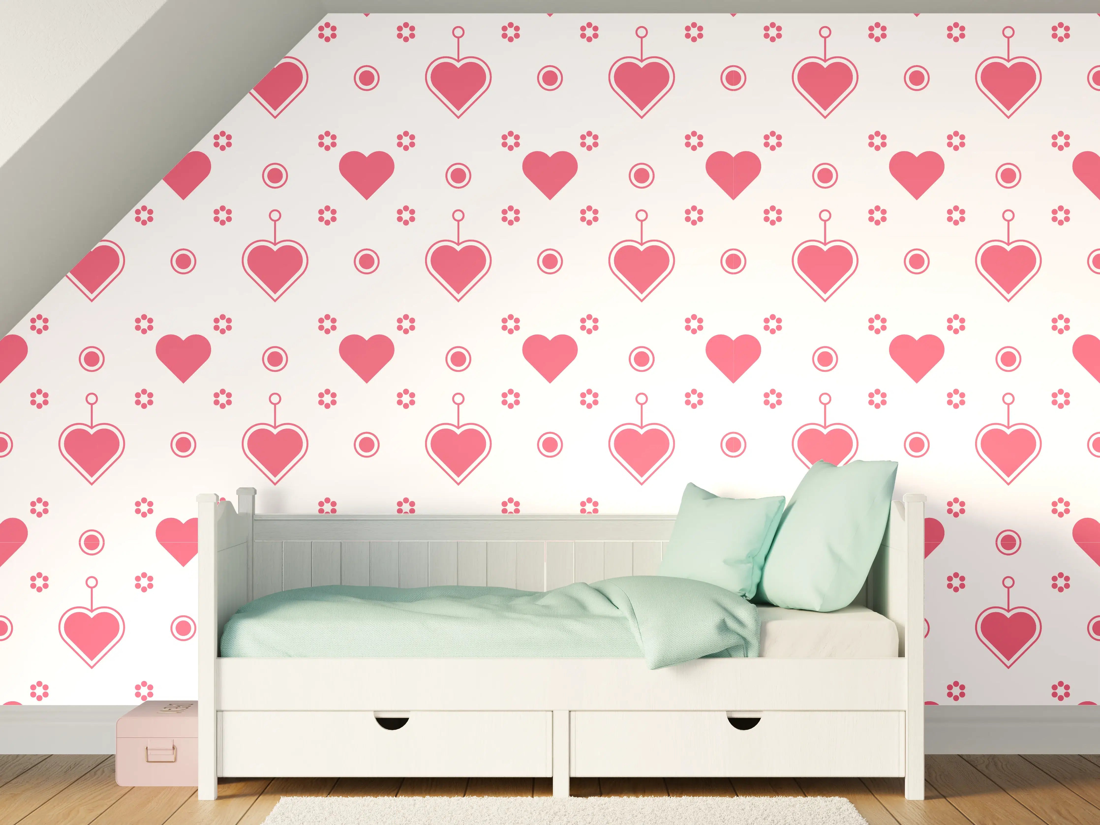 Kinderzimmer Wandgestaltung - Hintergrund mit Herzen und Kreisen in Pink und Weiß