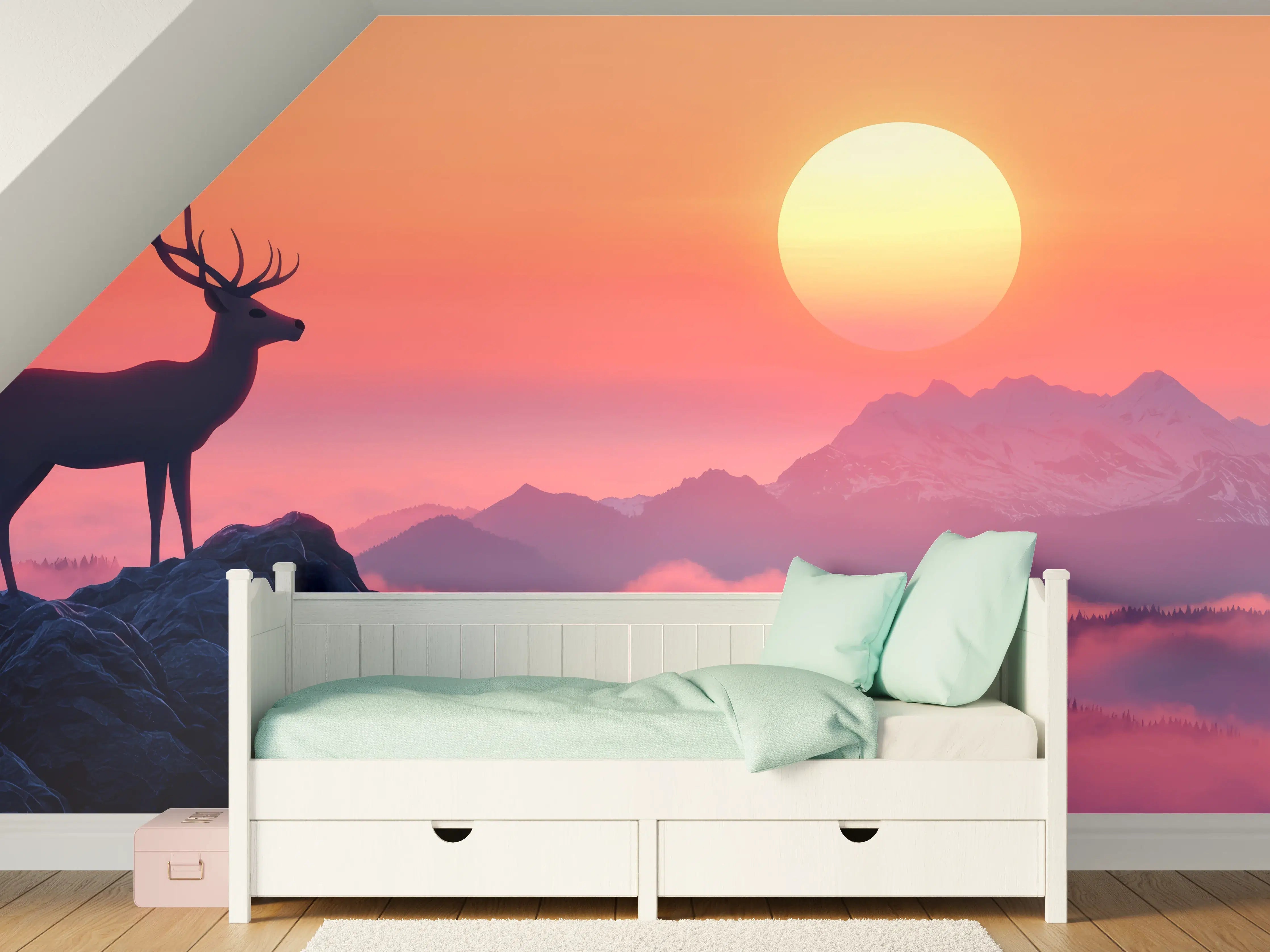 Kinderzimmer Wandgestaltung - Hirsch-Silhouette Sonnenaufgang Orange-Pink