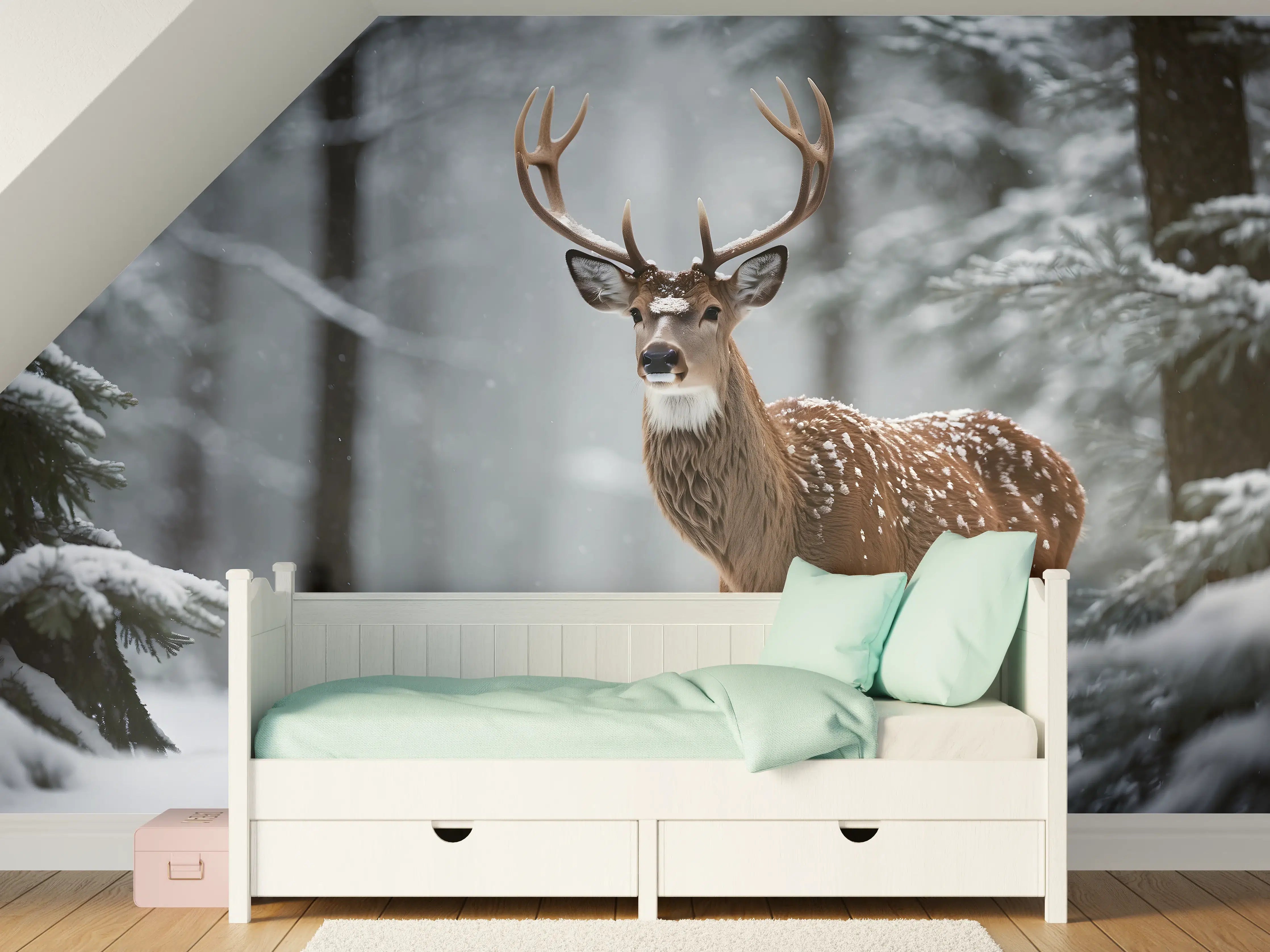 Kinderzimmer Wandgestaltung - Hirsch im verschneiten Wald