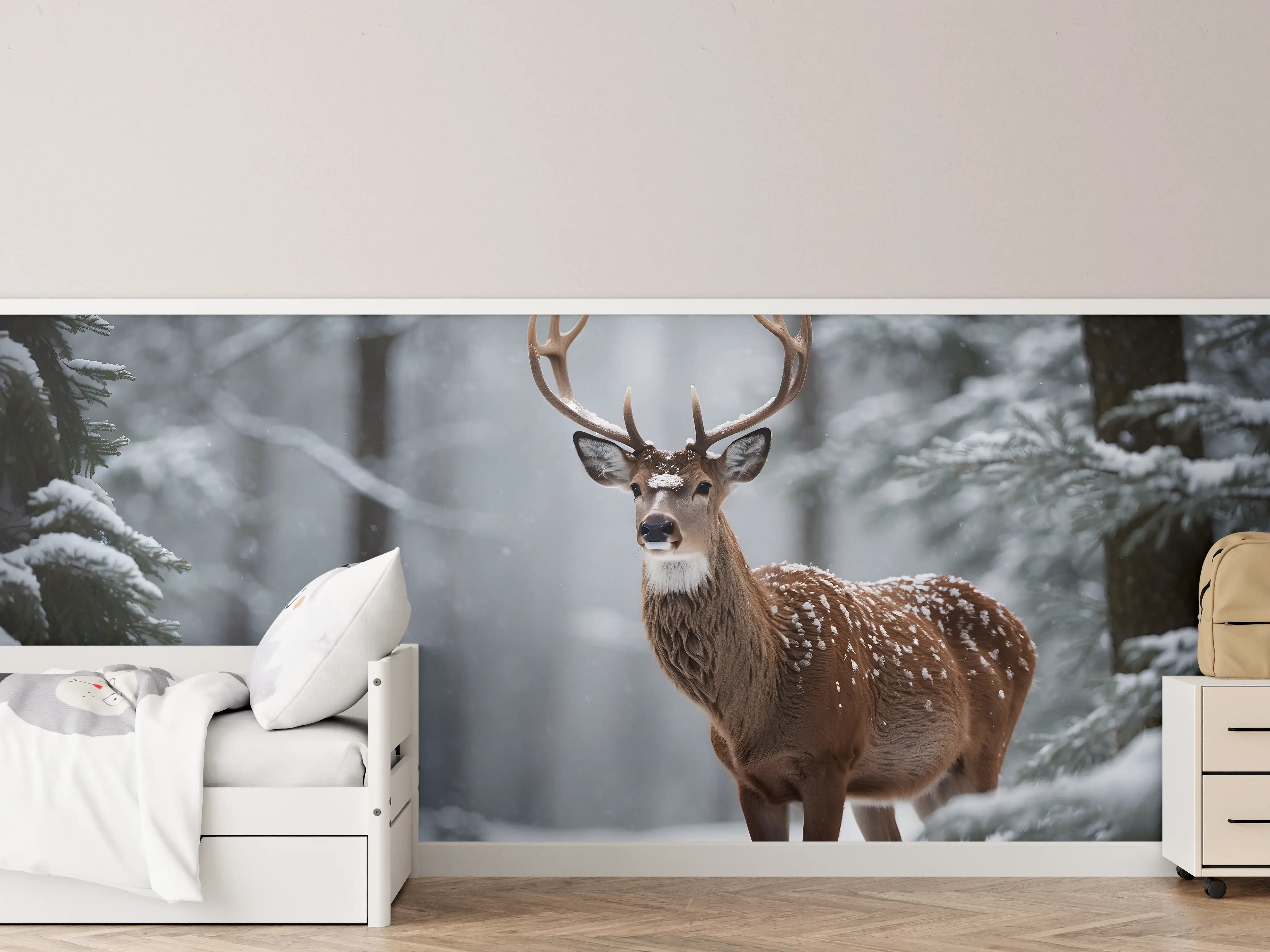 Kinderzimmer Wandgestaltung - Hirsch im verschneiten Wald