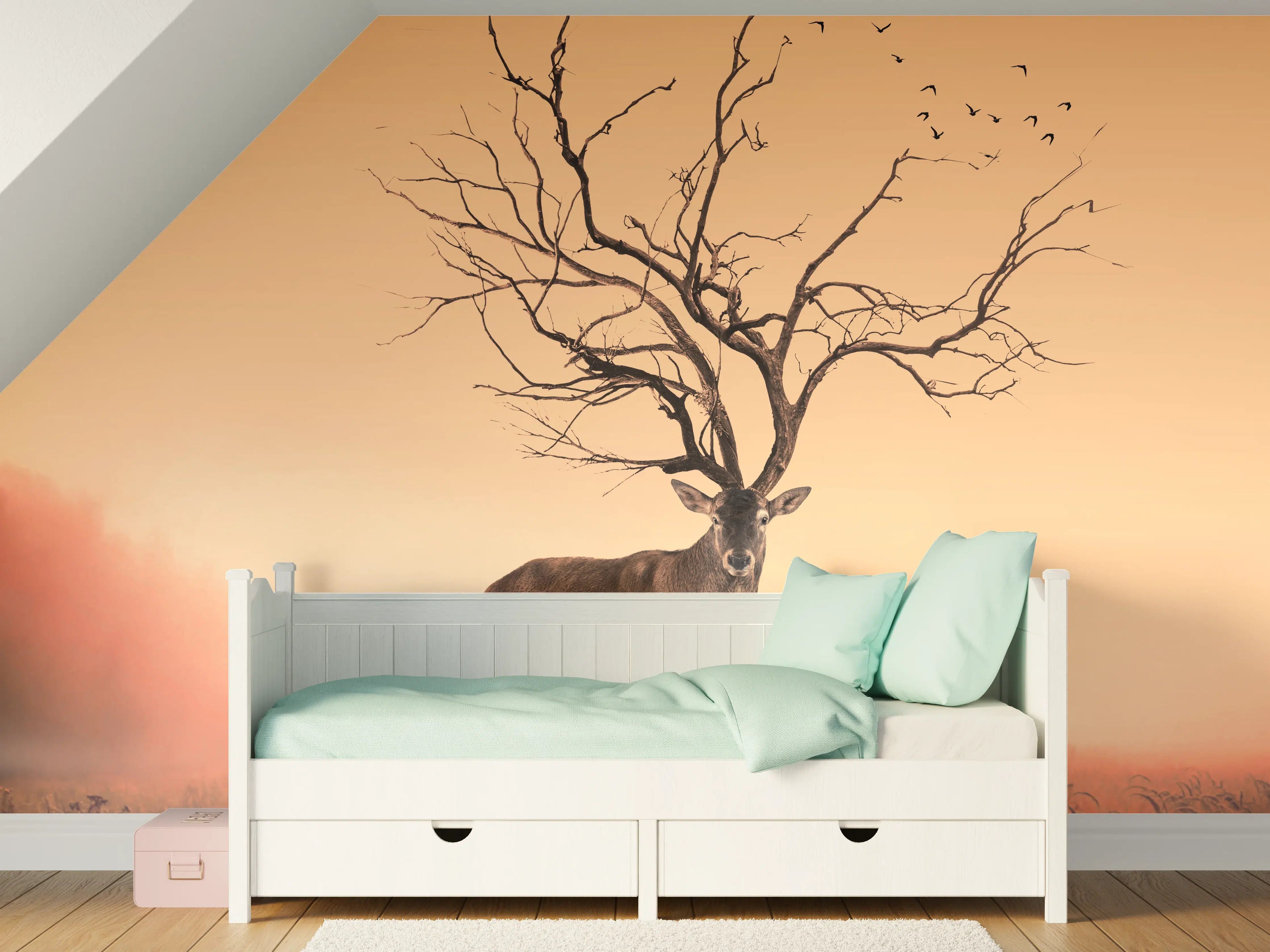 Kinderzimmer Wandgestaltung - Hirsch mit abstraktem Baum-Geweih