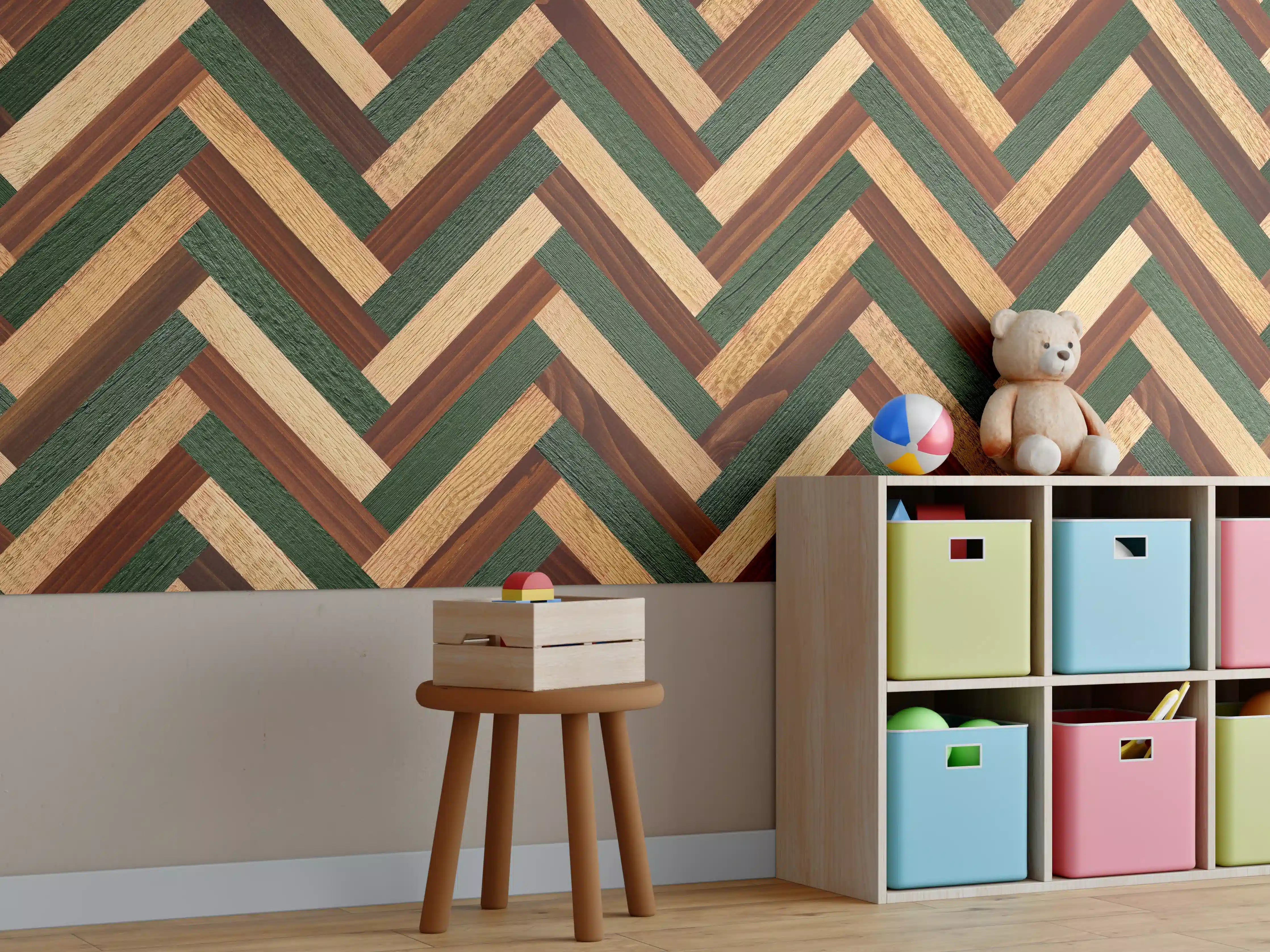 Kinderzimmer Wandgestaltung - Hölzernes buntes Muster