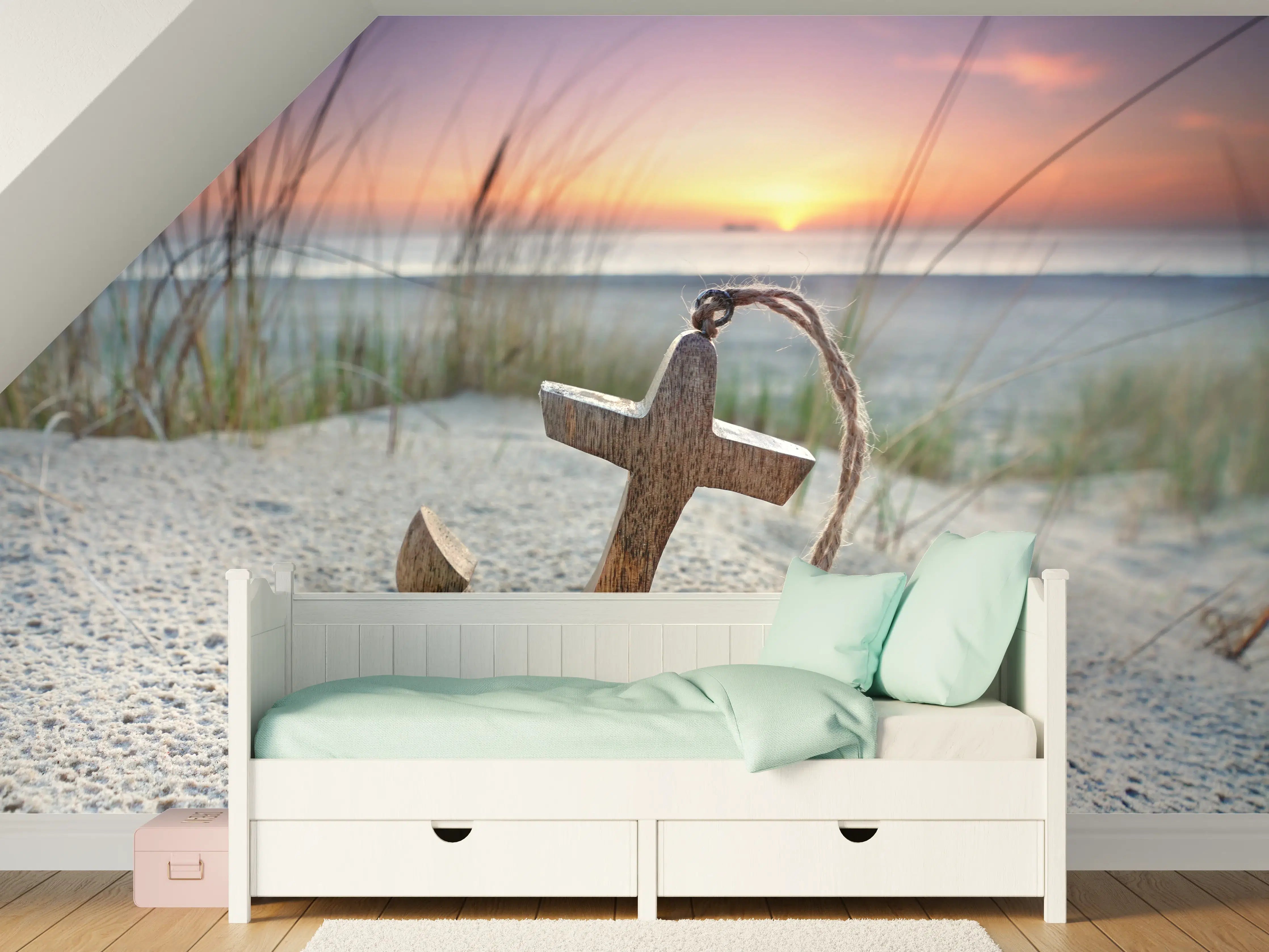 Kinderzimmer Wandgestaltung - Holzanker am Strand bei Sonnenuntergang