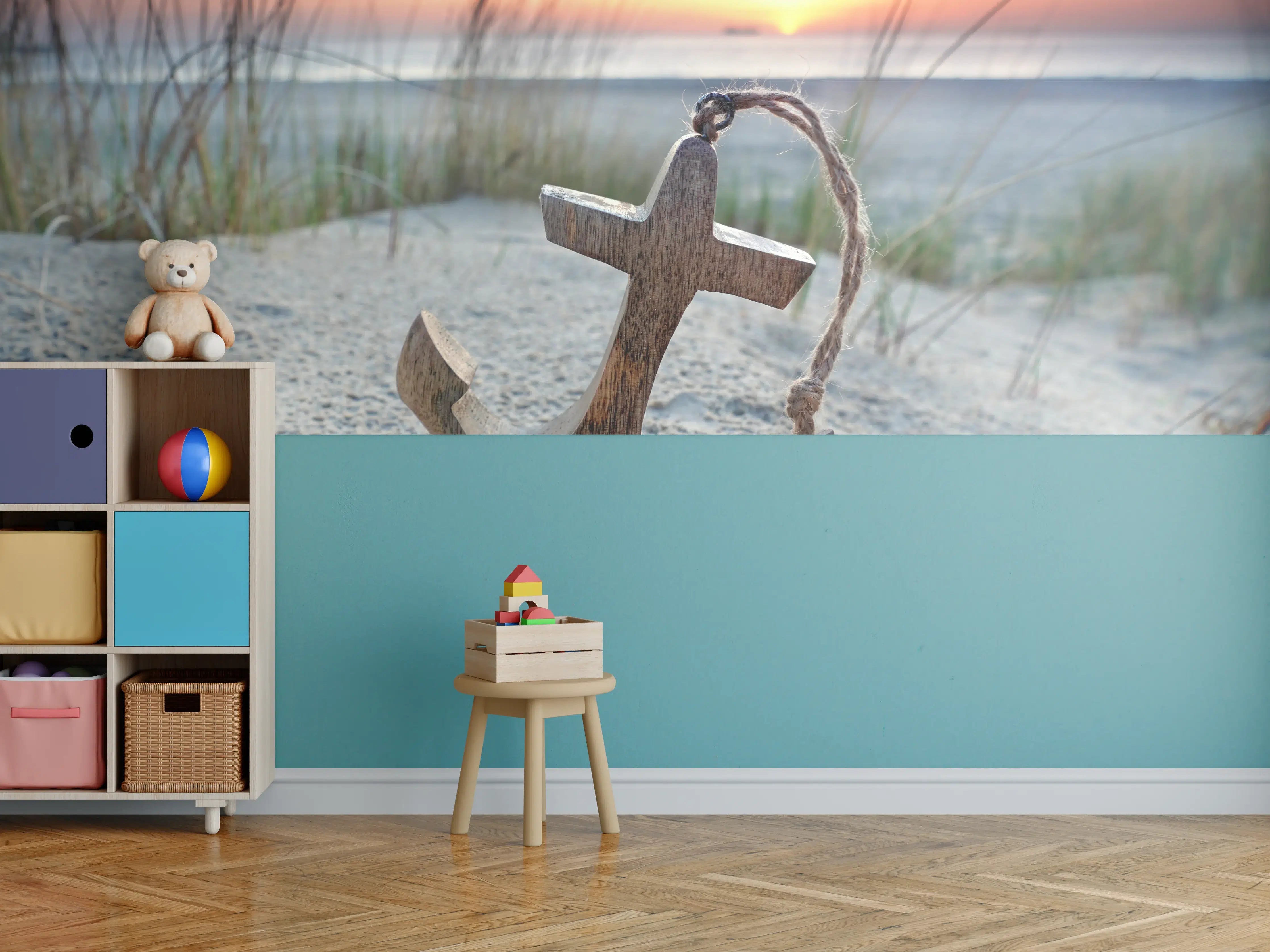 Kinderzimmer Wandgestaltung - Holzanker am Strand bei Sonnenuntergang