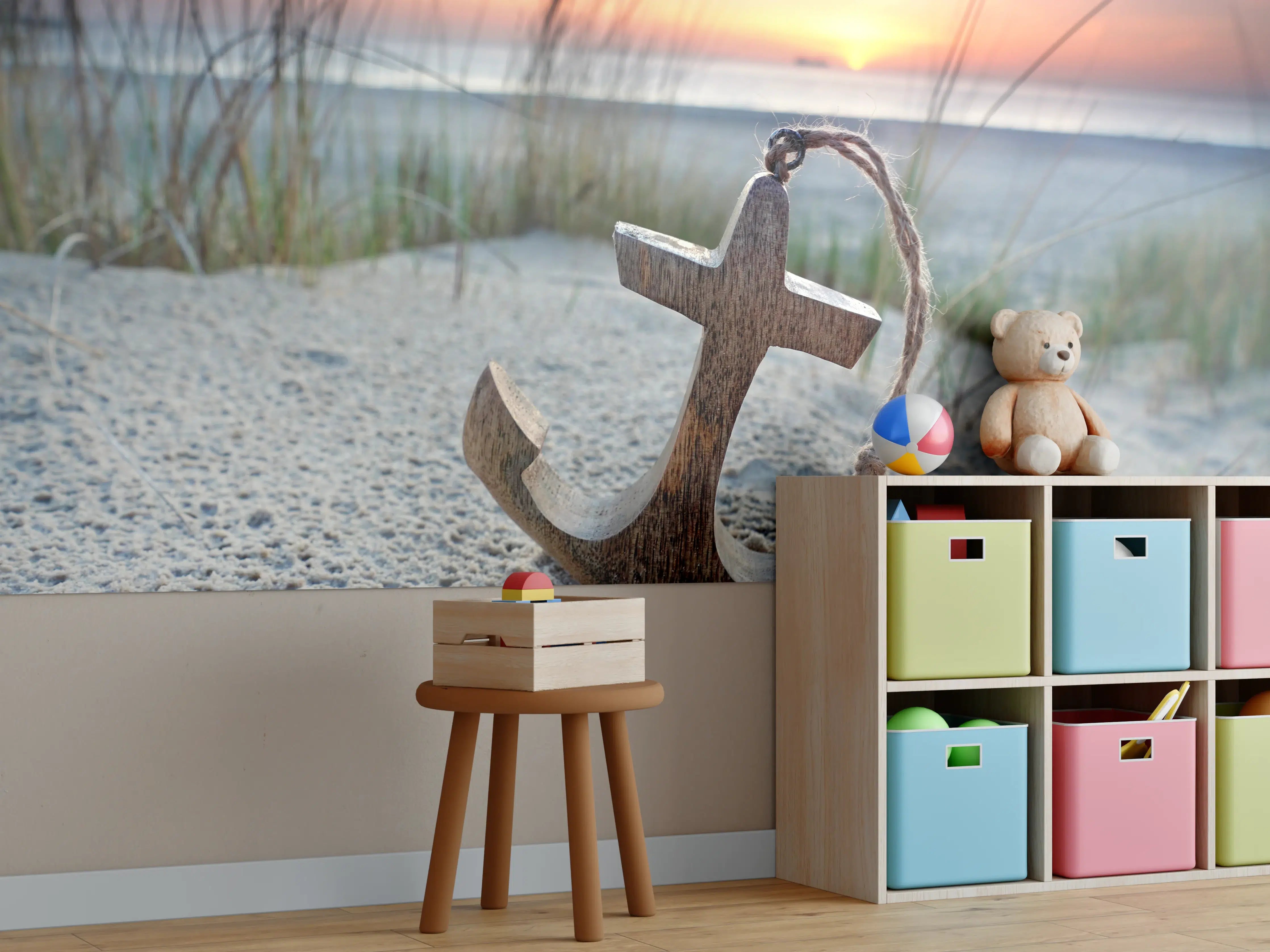 Kinderzimmer Wandgestaltung - Holzanker am Strand bei Sonnenuntergang