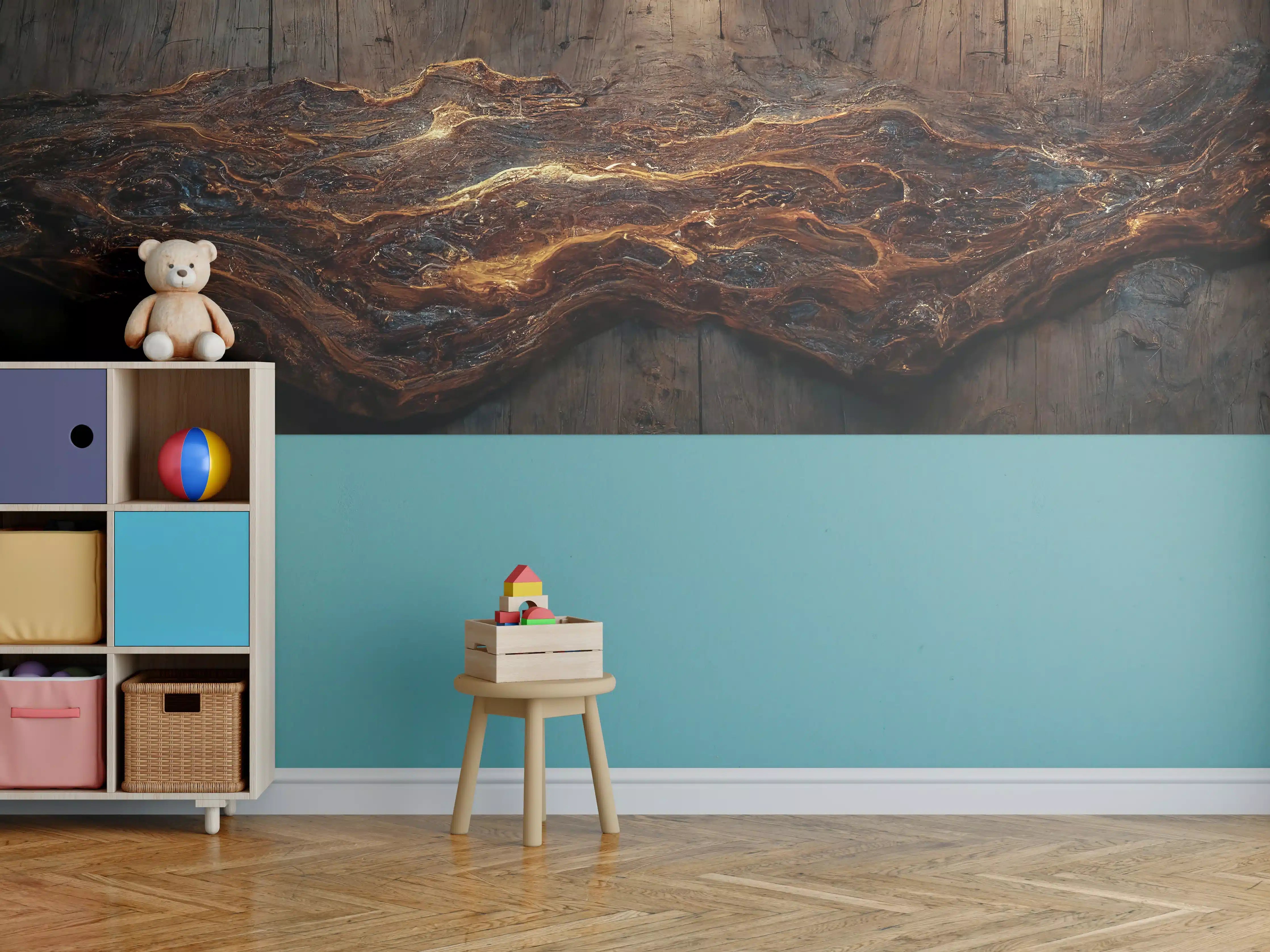 Kinderzimmer Wandgestaltung - Holzplatte mit blauem Epoxid