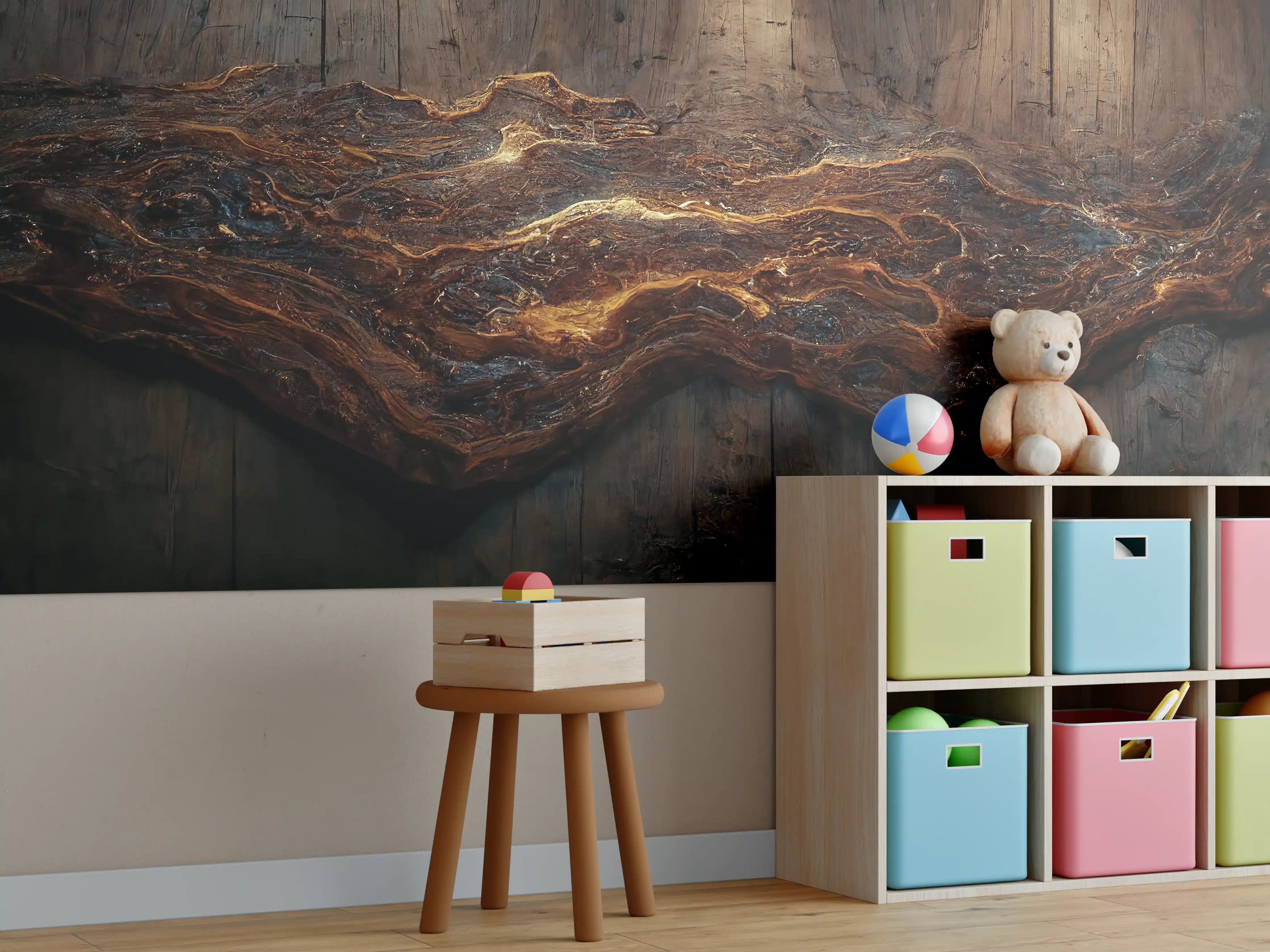 Kinderzimmer Wandgestaltung - Holzplatte mit blauem Epoxid