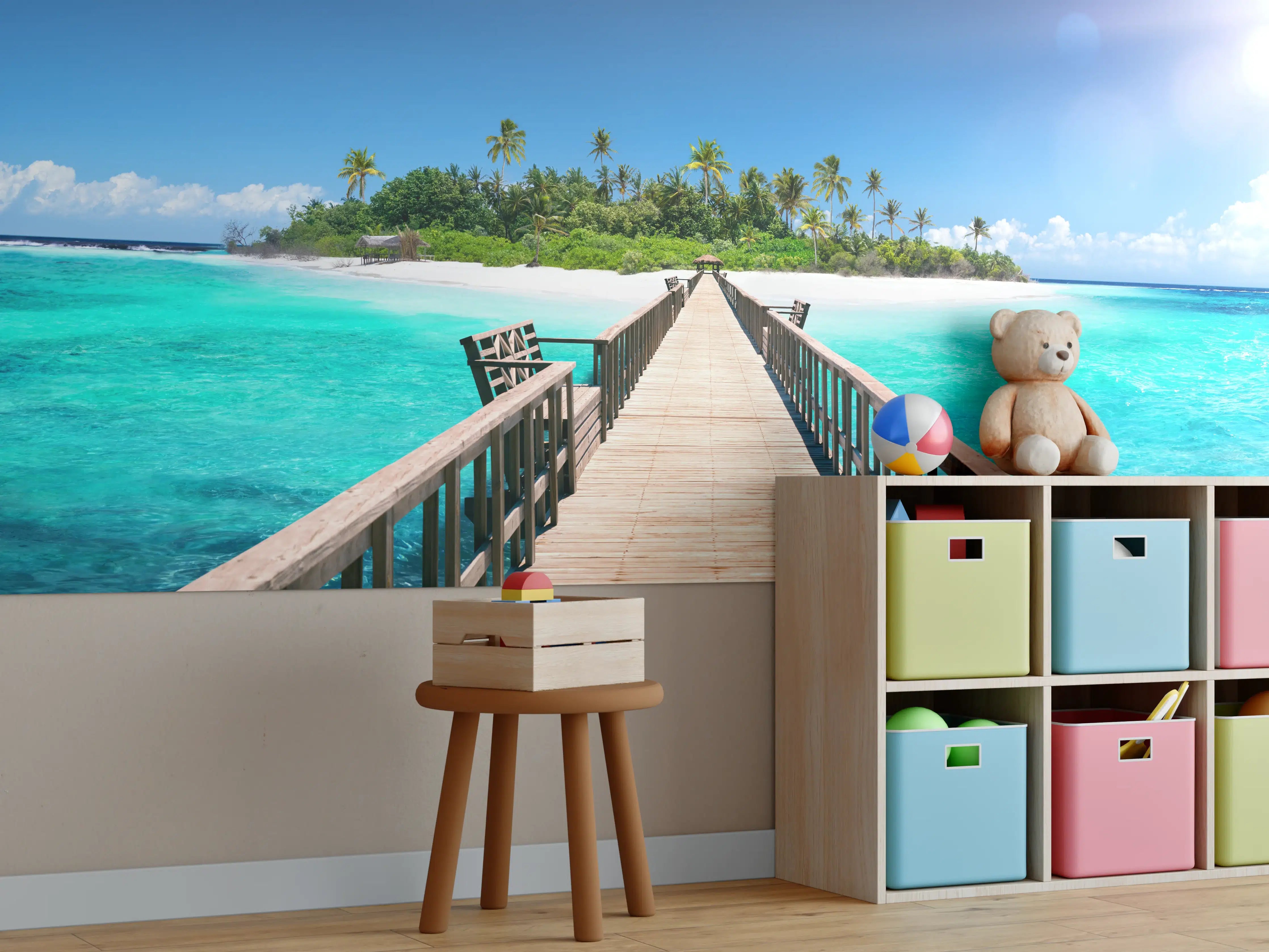 Kinderzimmer Wandgestaltung - Holzsteg zur tropischen Insel