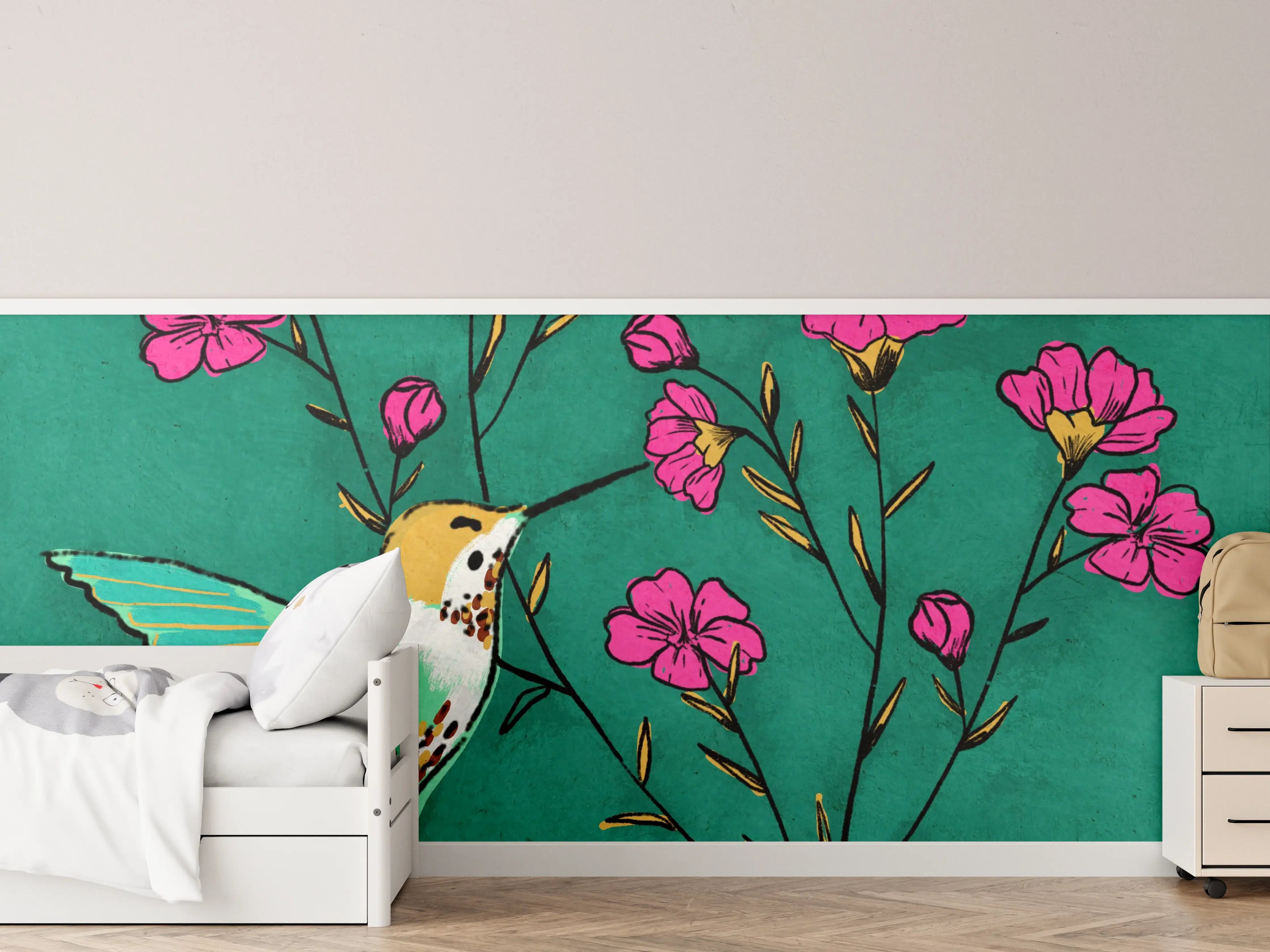 Kinderzimmer Wandgestaltung - Hummingbird and Pink Flowers
