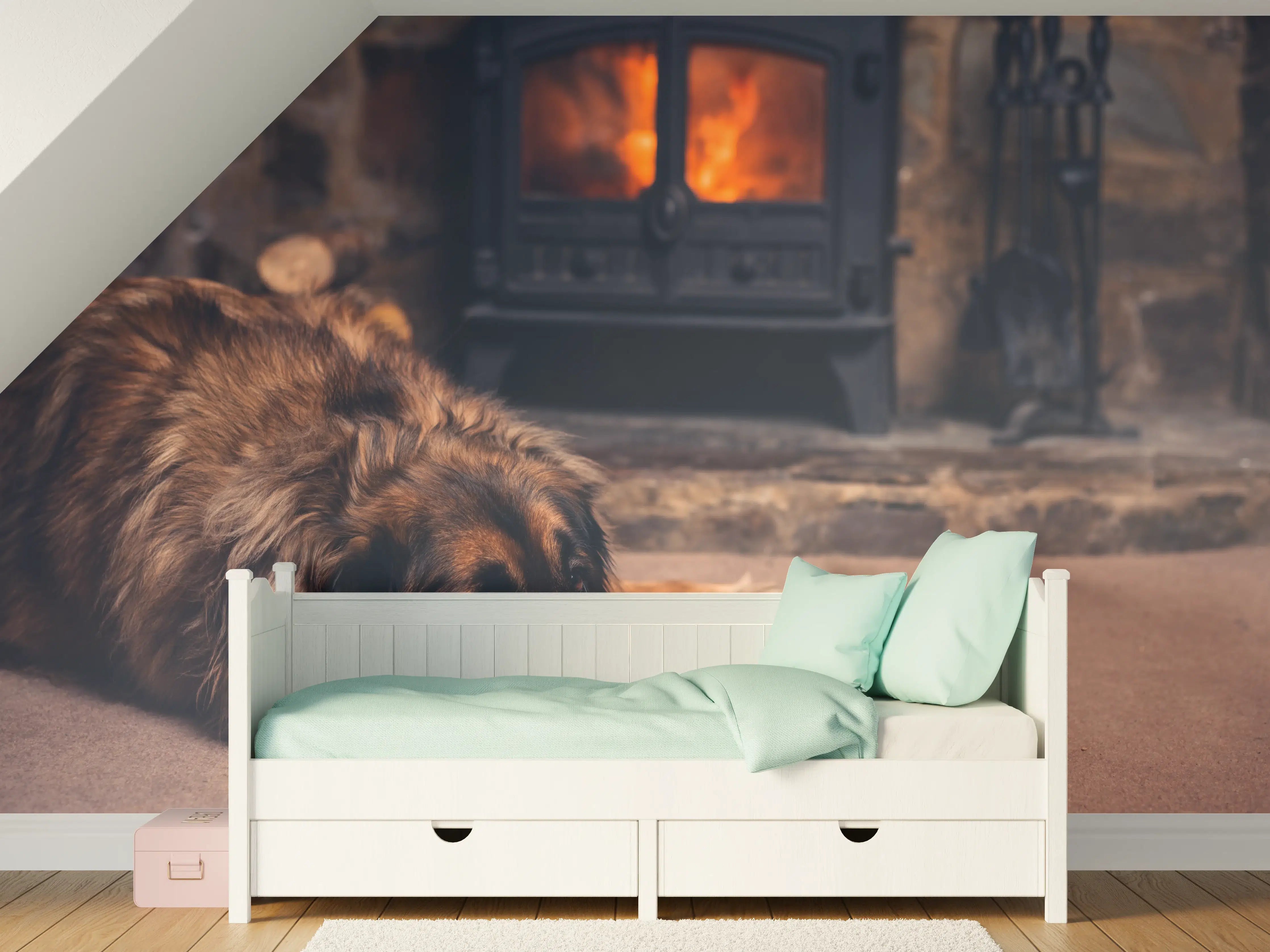 Kinderzimmer Wandgestaltung - Hund entspannt am Feuer