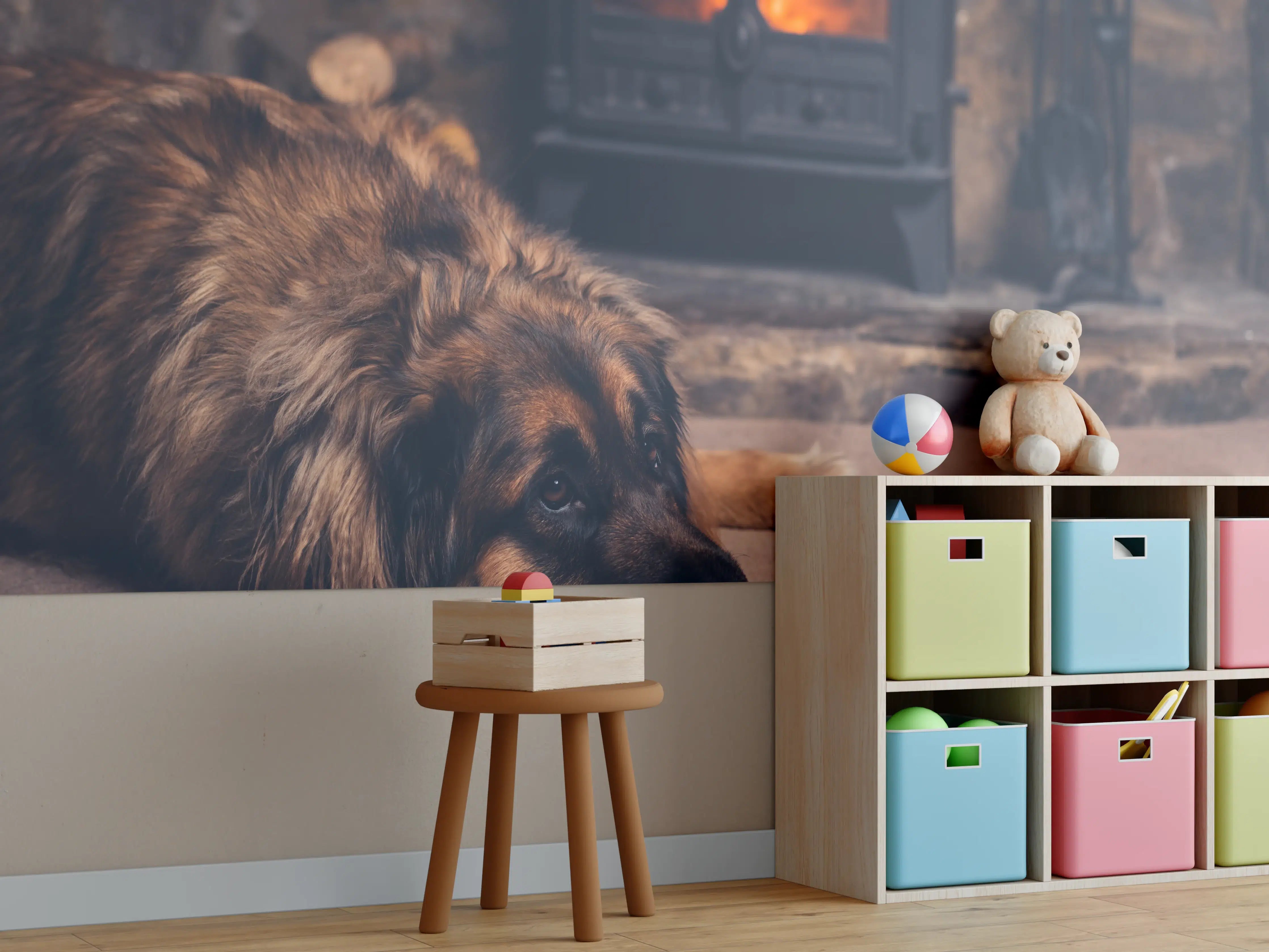 Kinderzimmer Wandgestaltung - Hund entspannt am Feuer