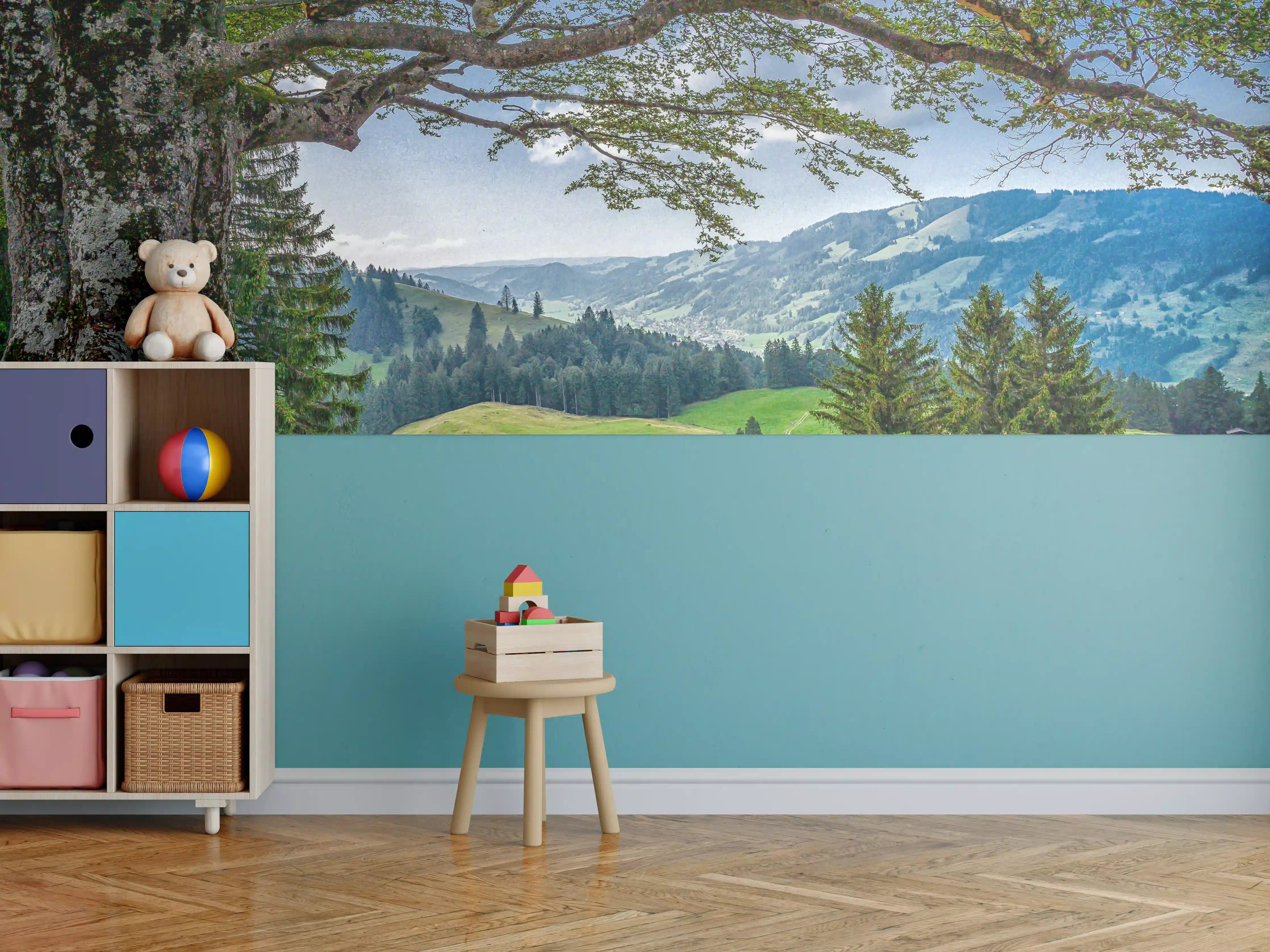 Kinderzimmer Wandgestaltung - Idyllische Baum & Berglandschaft
