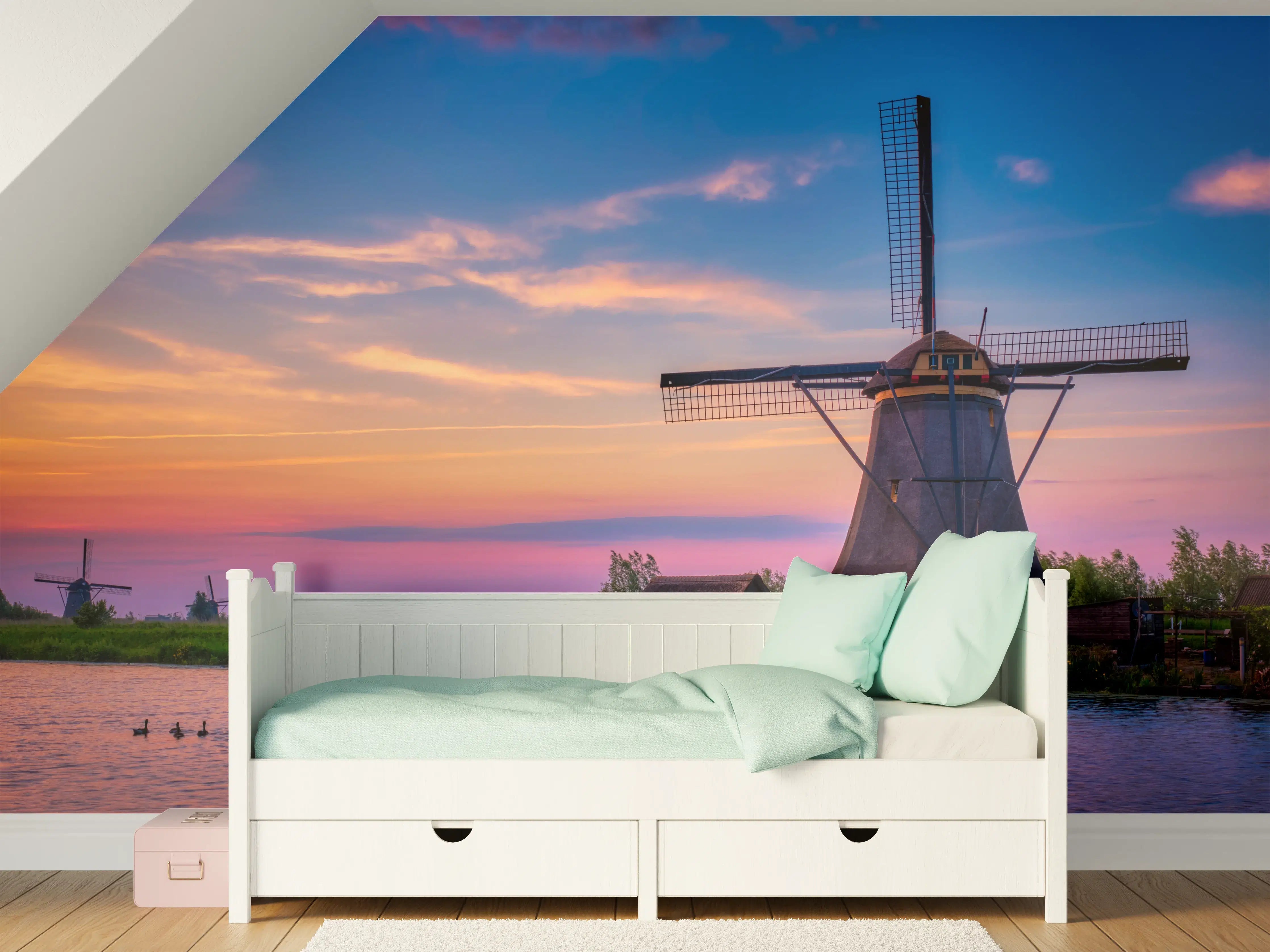 Kinderzimmer Wandgestaltung - Idyllische Windmühlen in Kinderdijk