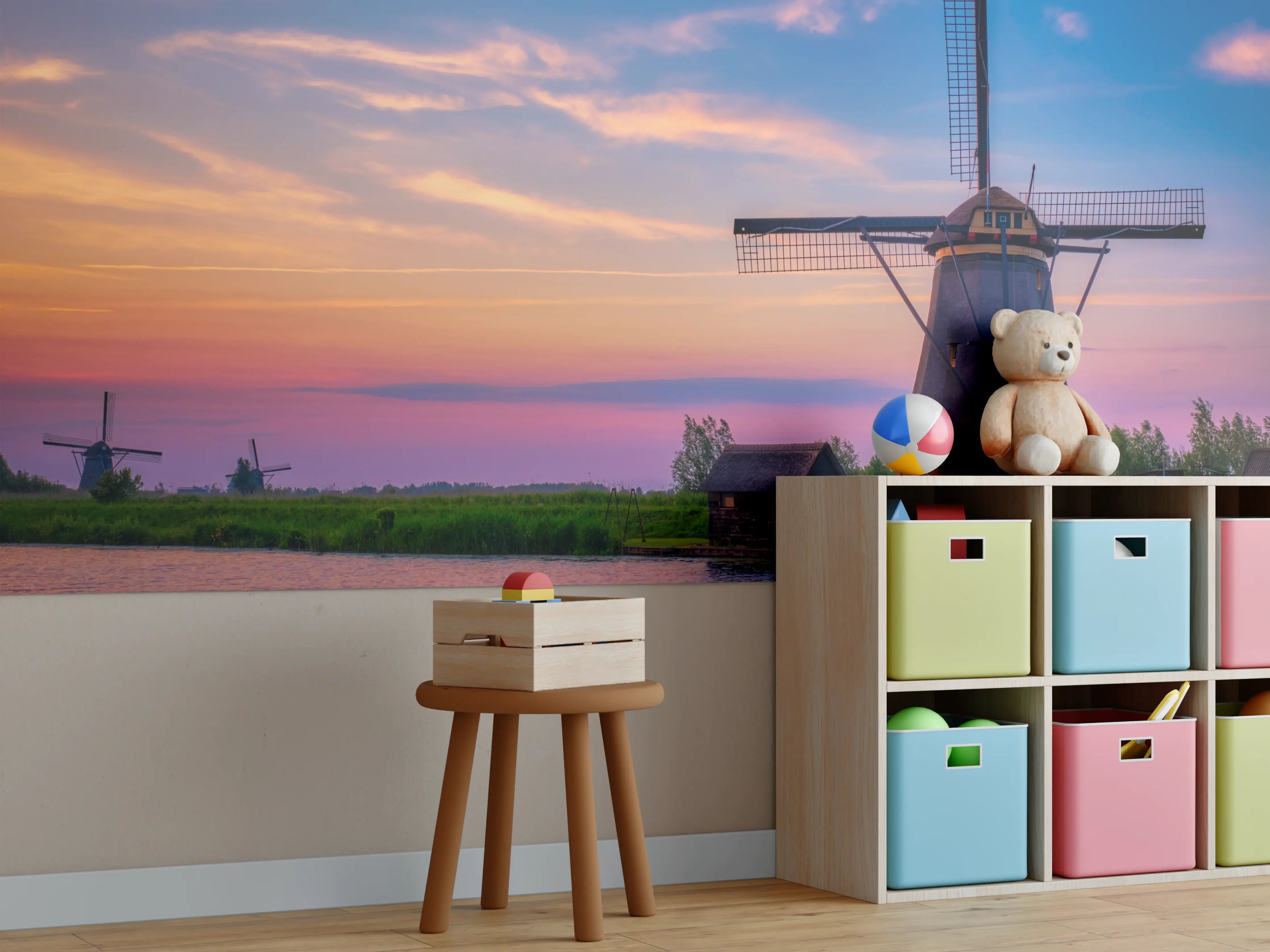 Kinderzimmer Wandgestaltung - Idyllische Windmühlen in Kinderdijk