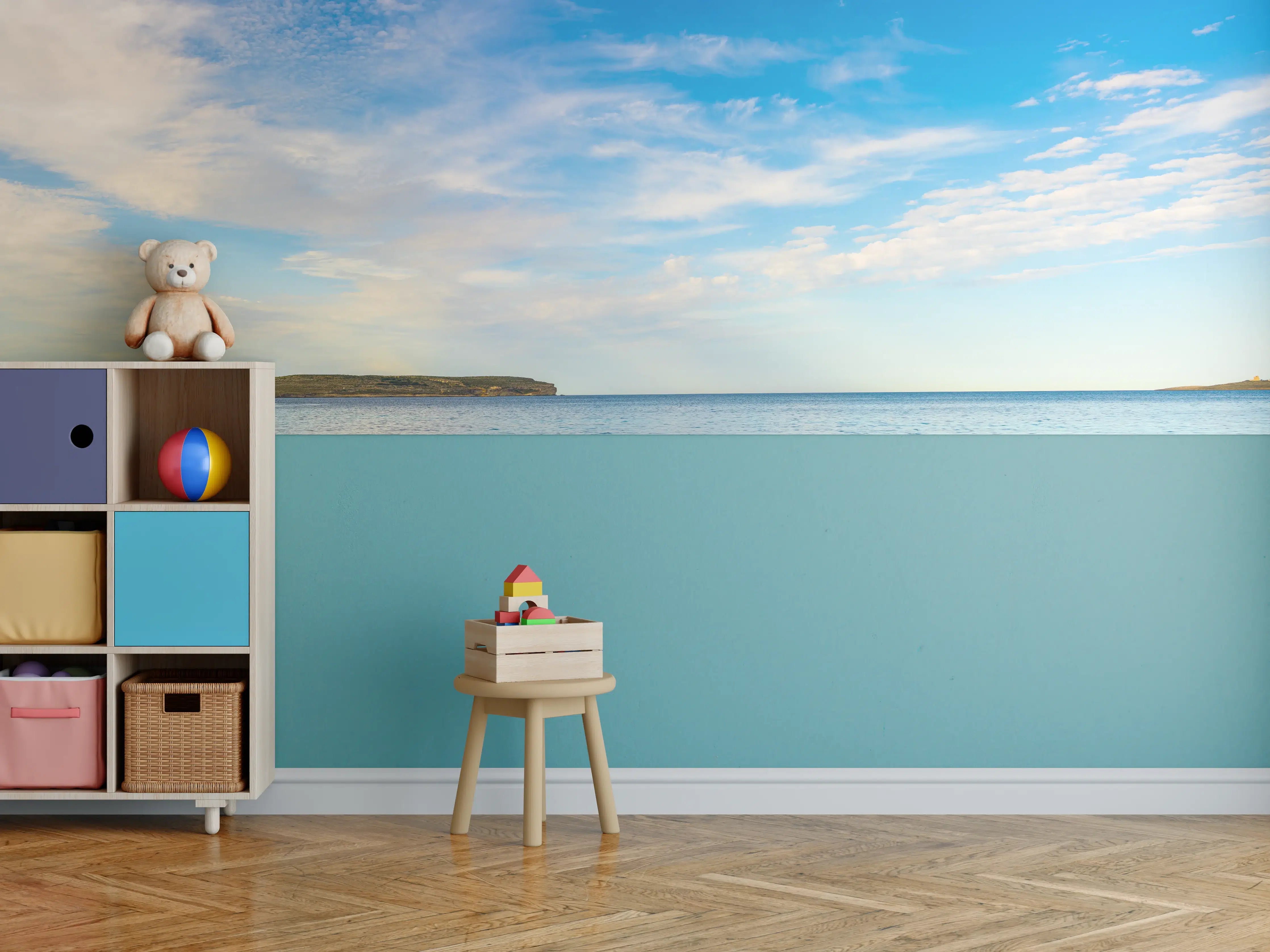Kinderzimmer Wandgestaltung - Idyllischer blauer Meereshorizont mit Wolken