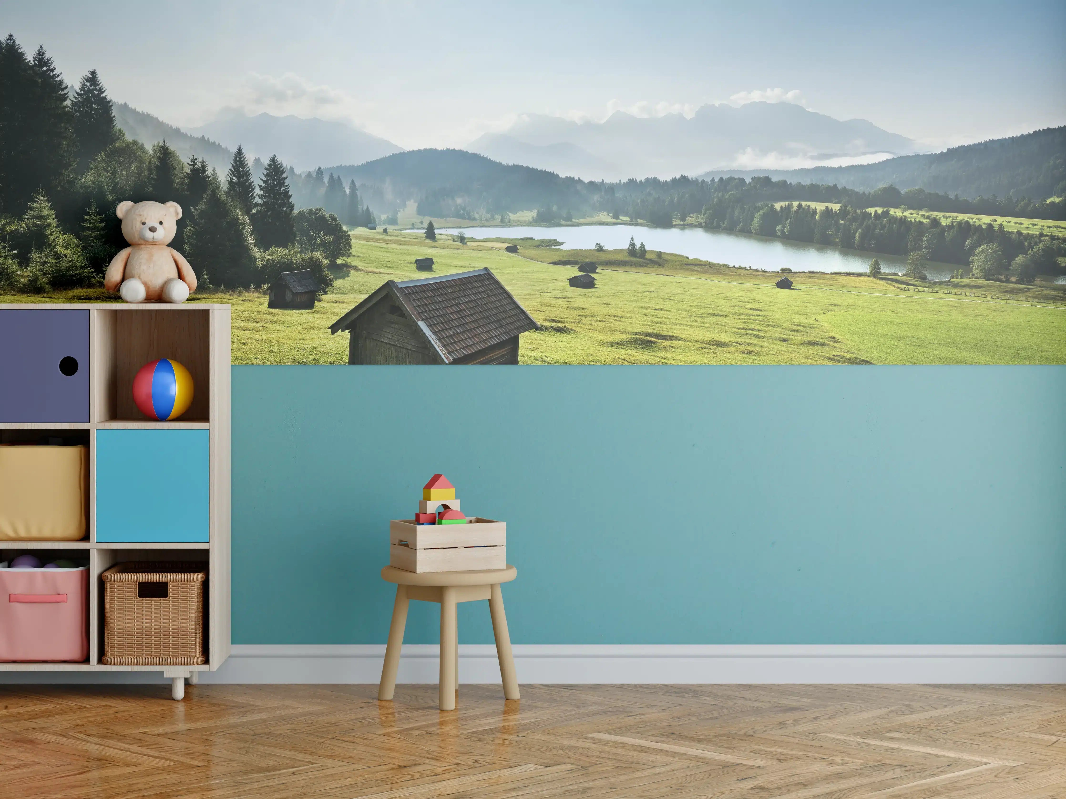 Kinderzimmer Wandgestaltung - Idyllisches Alpenpanorama mit See