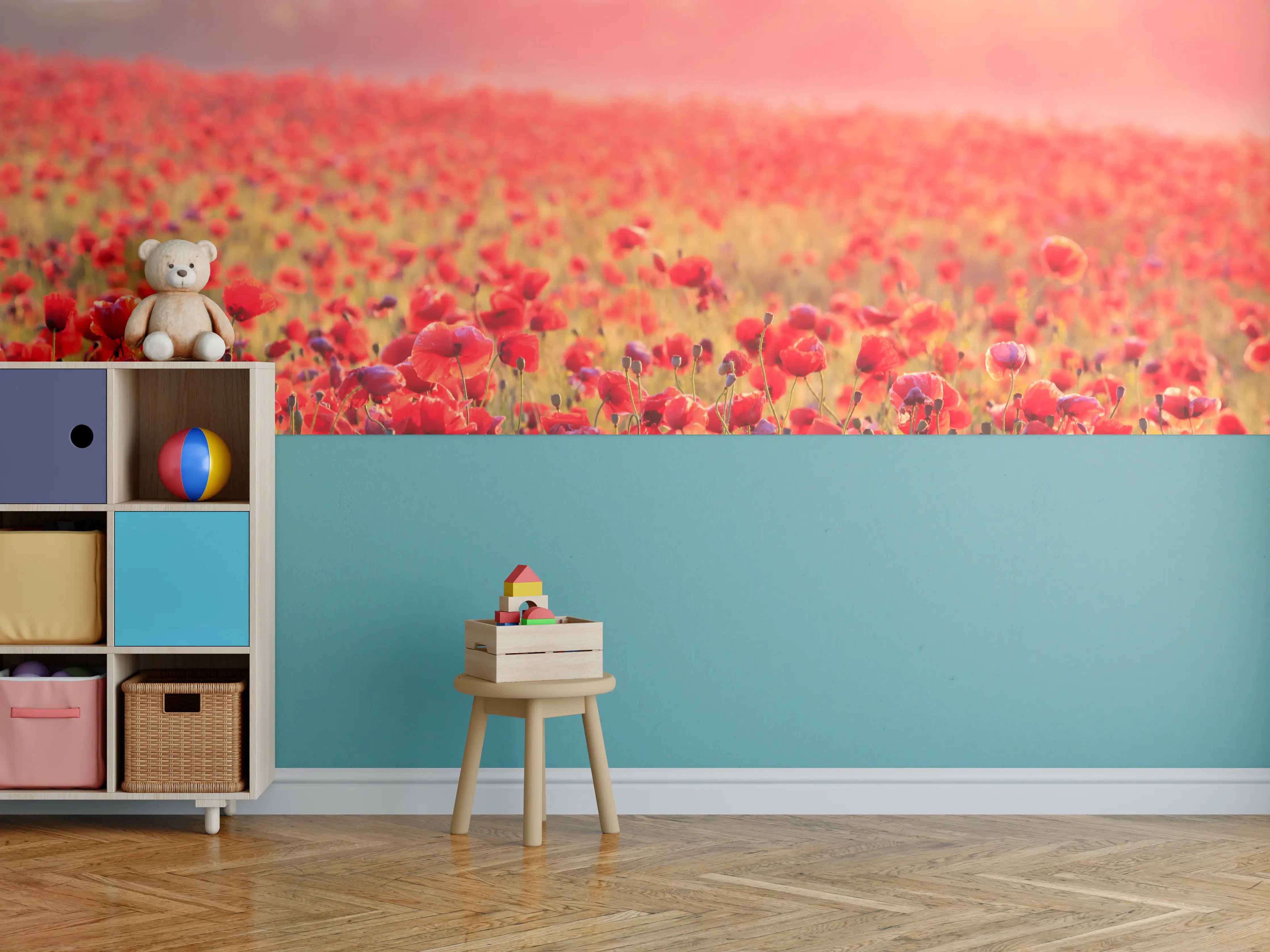Kinderzimmer Wandgestaltung - Idyllisches Mohnfeld bei Sonnenuntergang