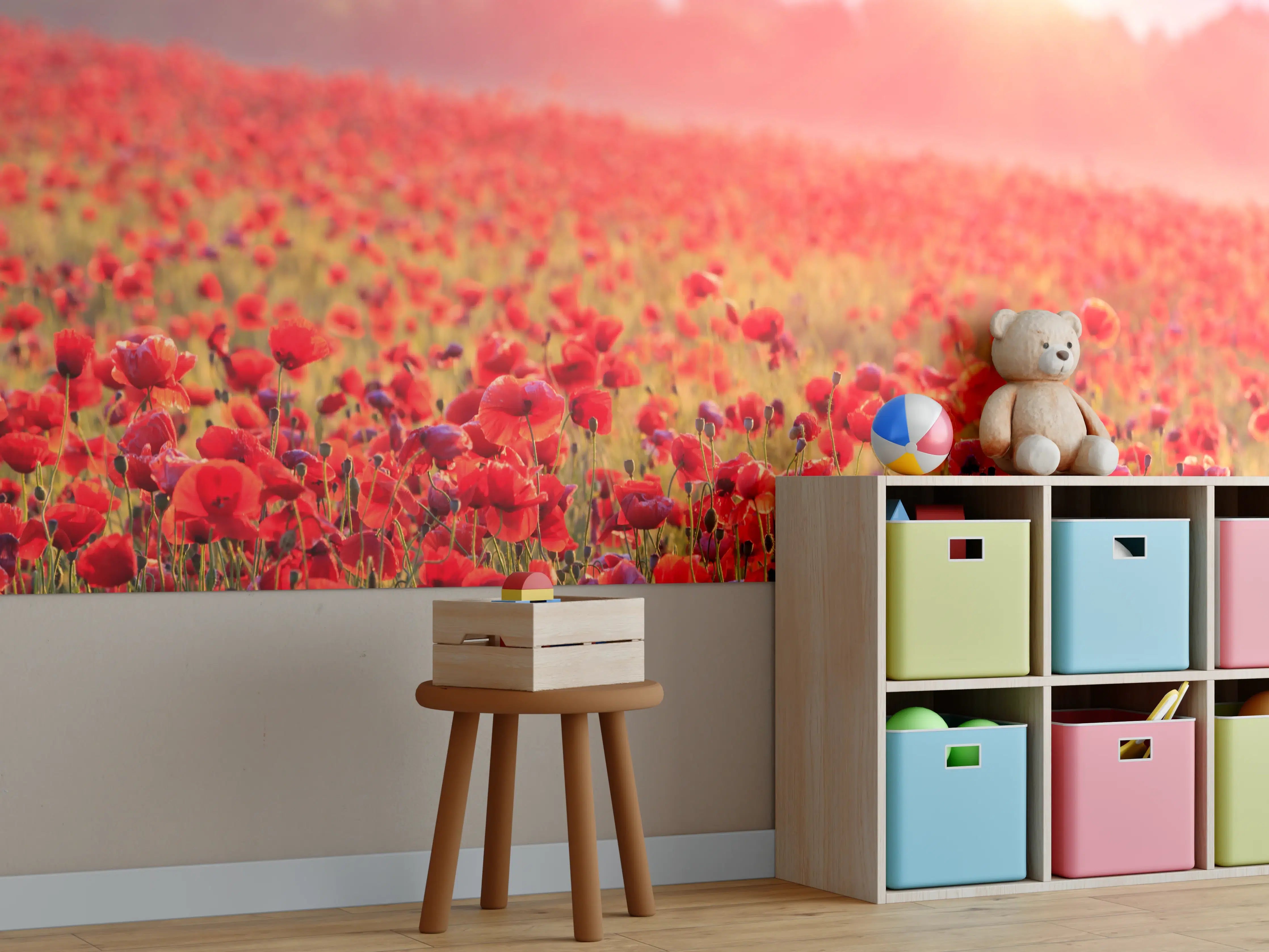 Kinderzimmer Wandgestaltung - Idyllisches Mohnfeld bei Sonnenuntergang