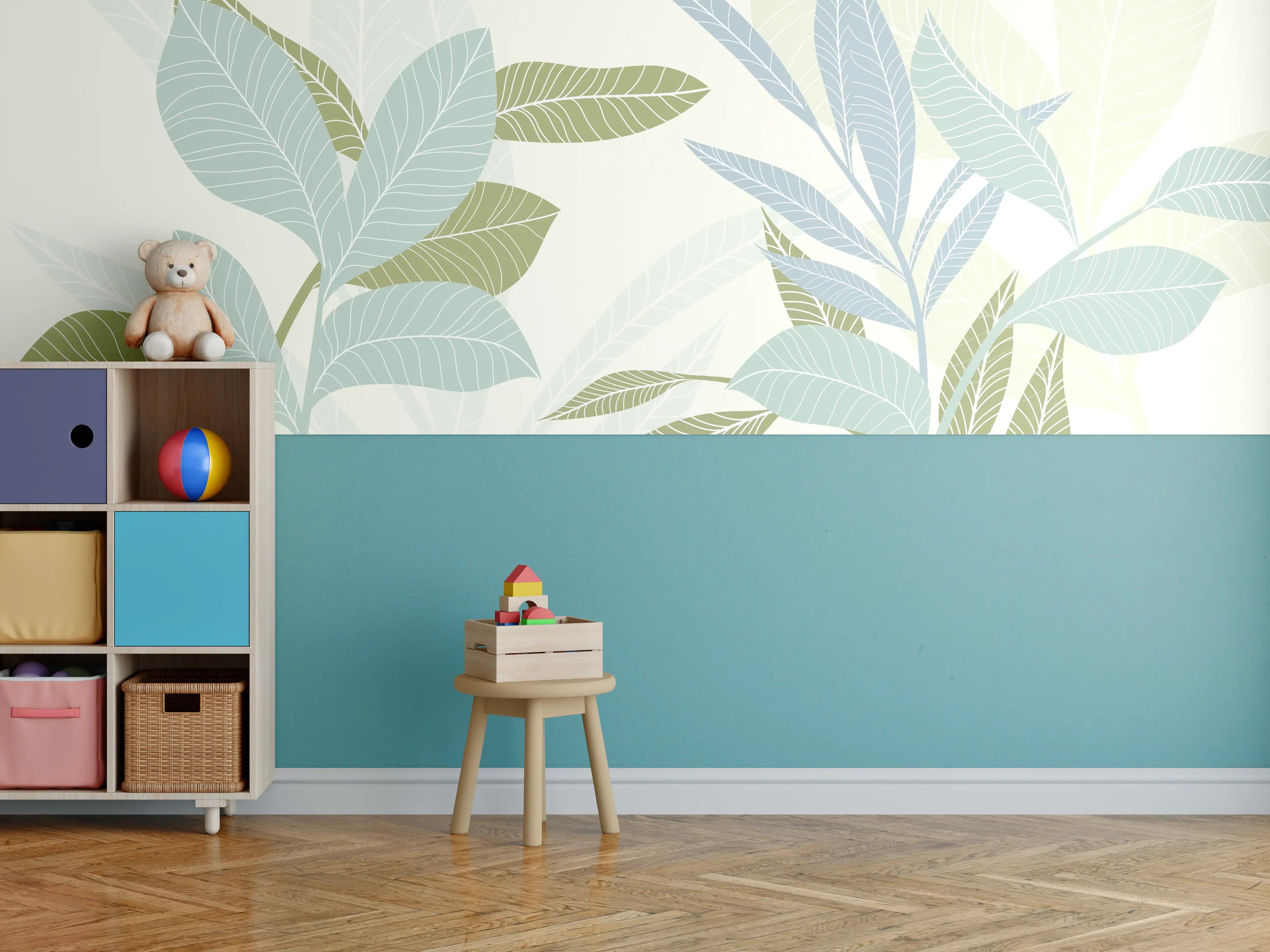 Kinderzimmer Wandgestaltung - Illustrierte Blättermotiv Tapete