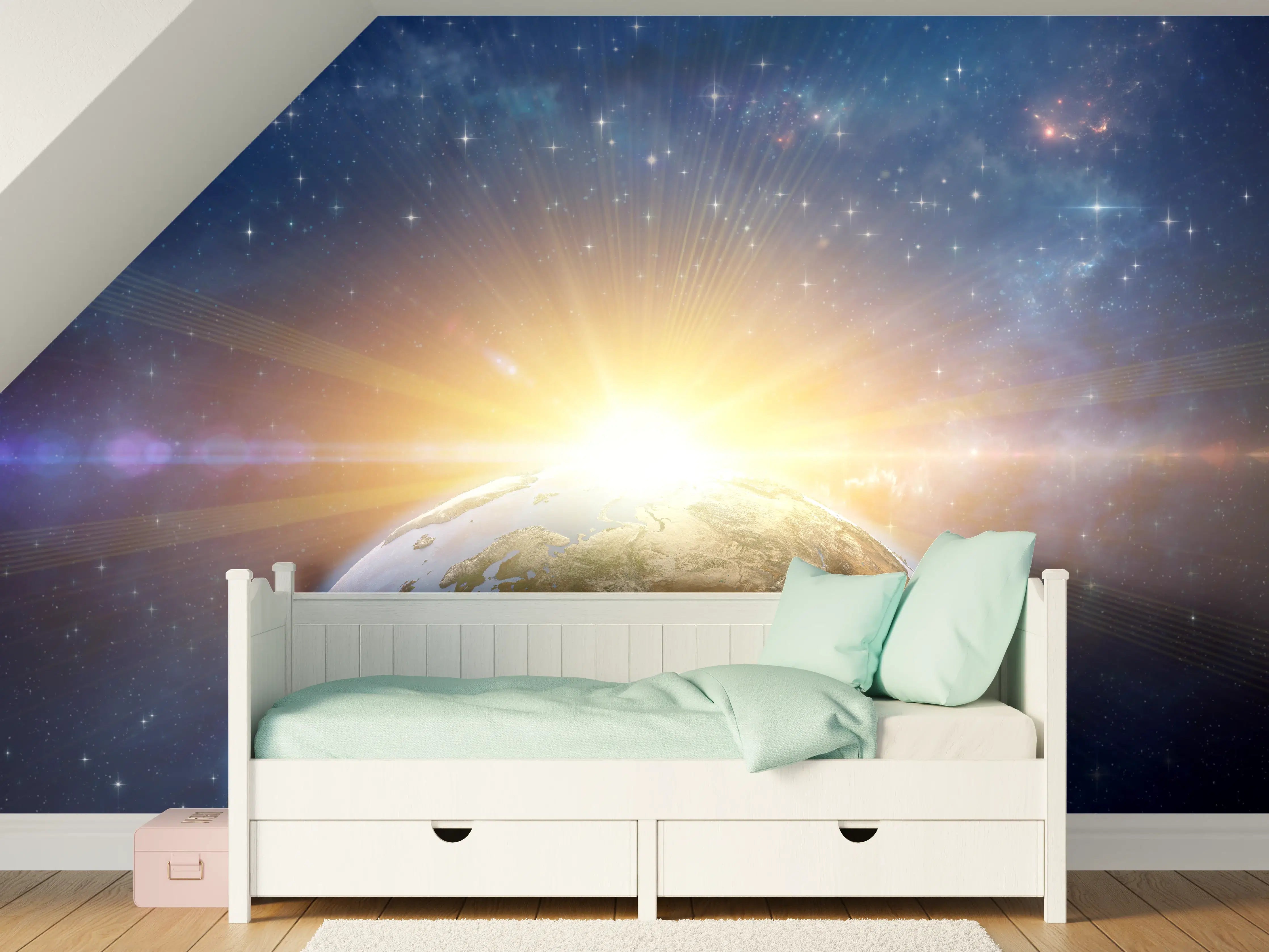 Kinderzimmer Wandgestaltung - Illustrierter Sonnenaufgang aus dem Weltall