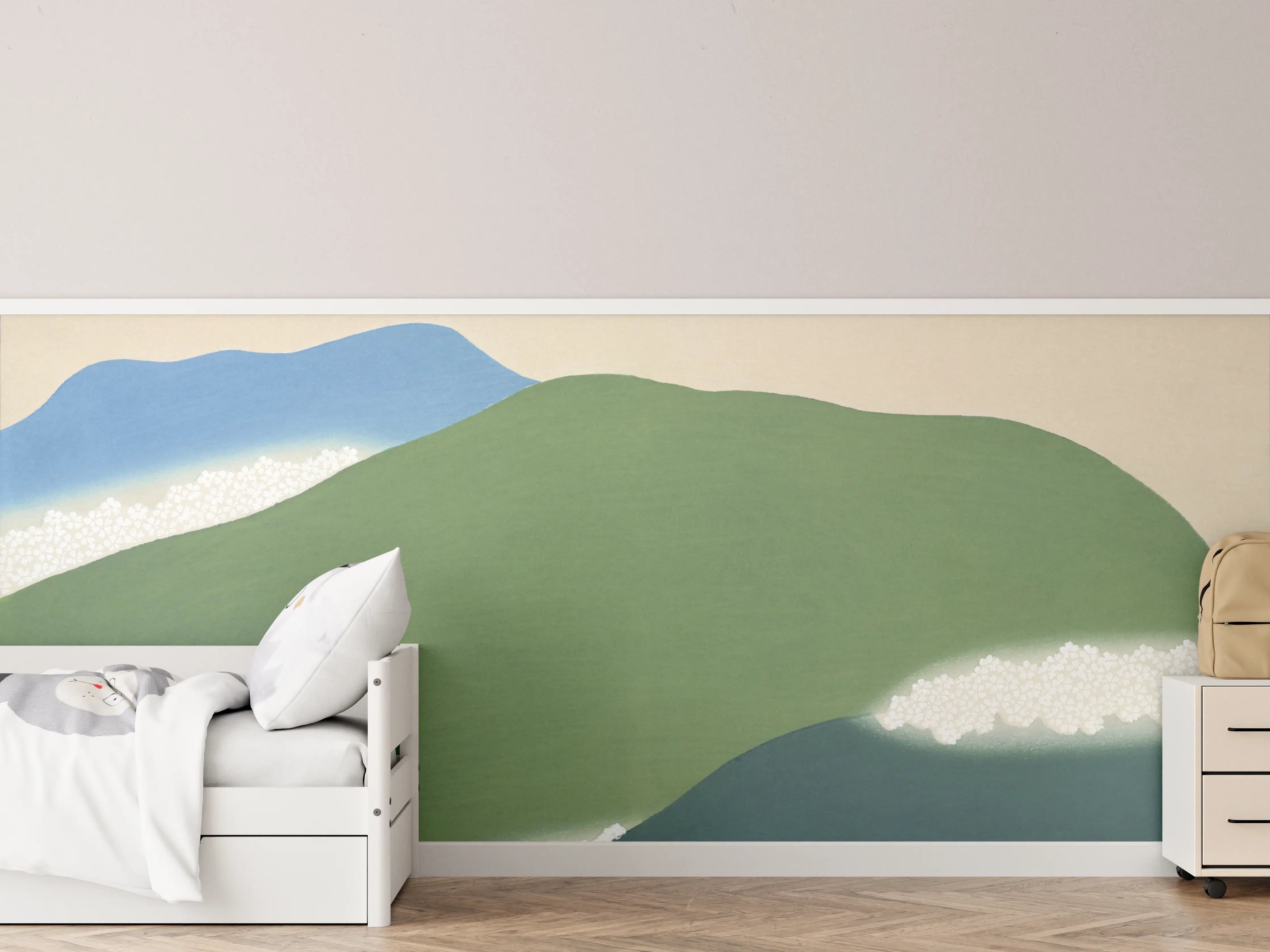 Kinderzimmer Wandgestaltung - Japanische Berglandschaft Grün-Blau