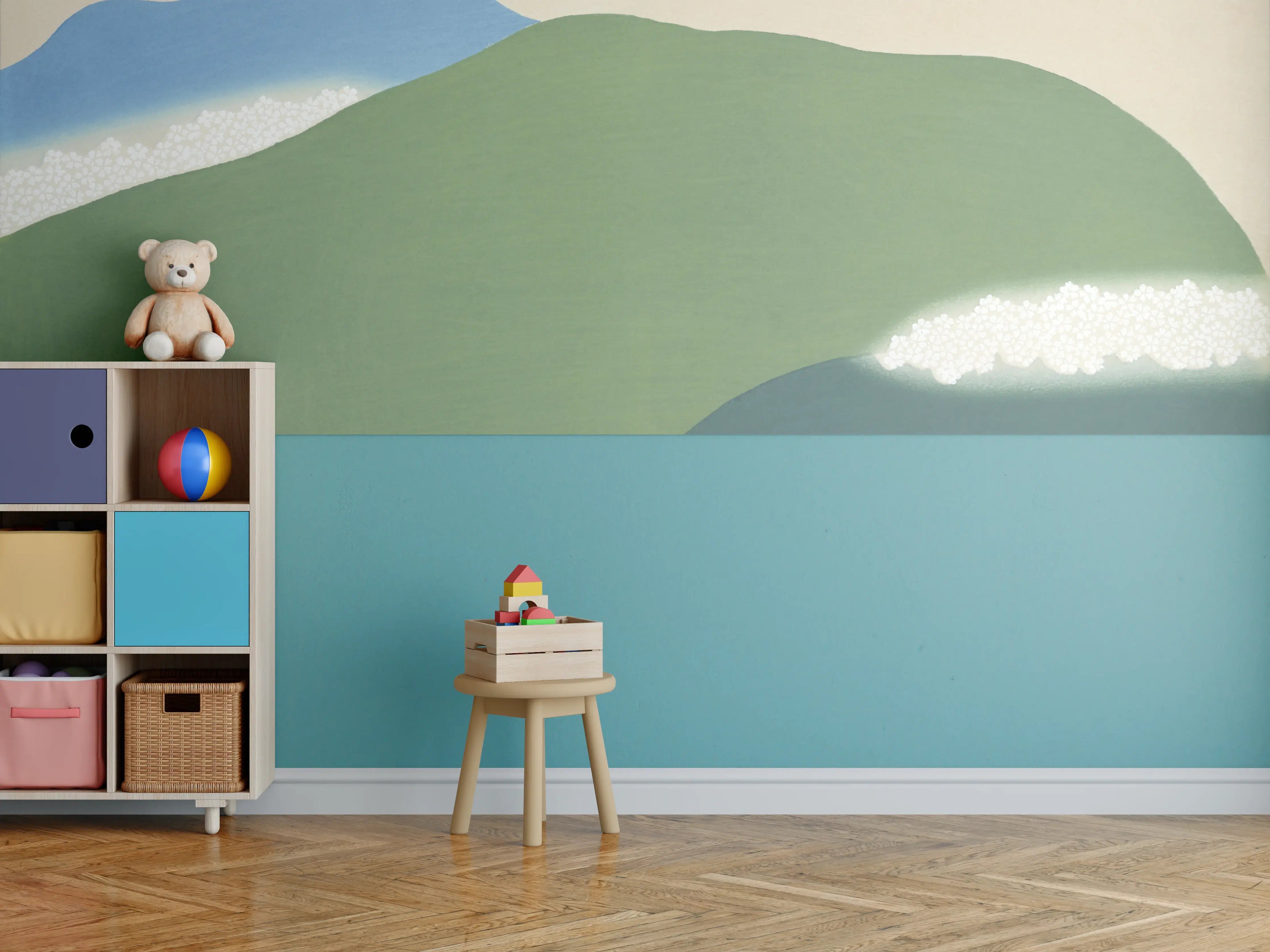 Kinderzimmer Wandgestaltung - Japanische Berglandschaft Grün-Blau