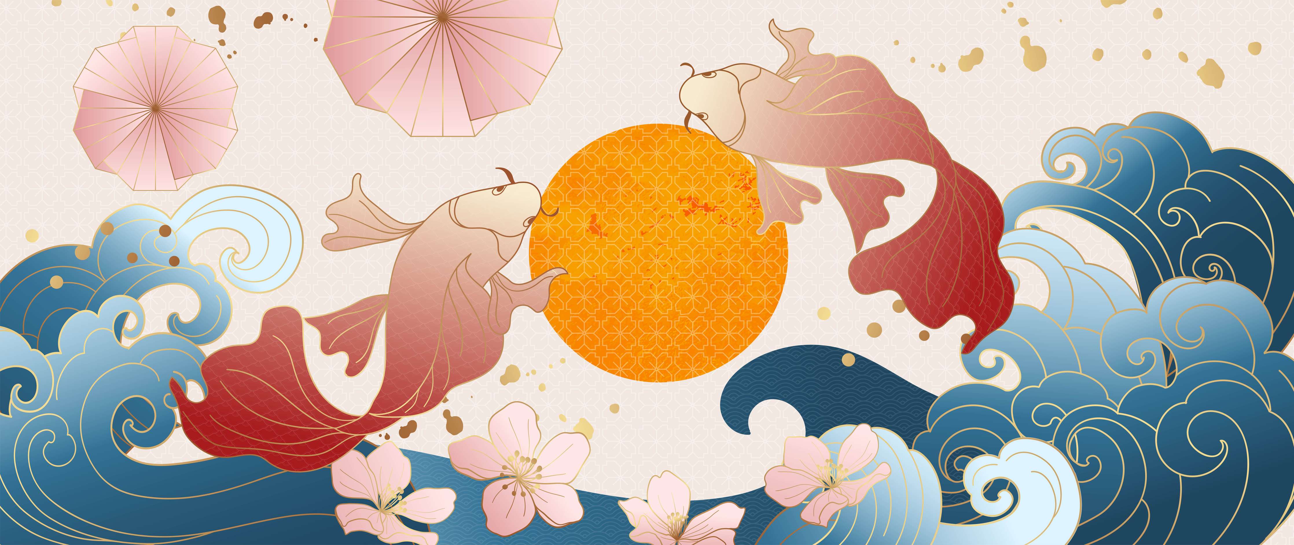 Kinderzimmer Wandgestaltung-Japanische Koi-Fische mit Sonnenmotiv