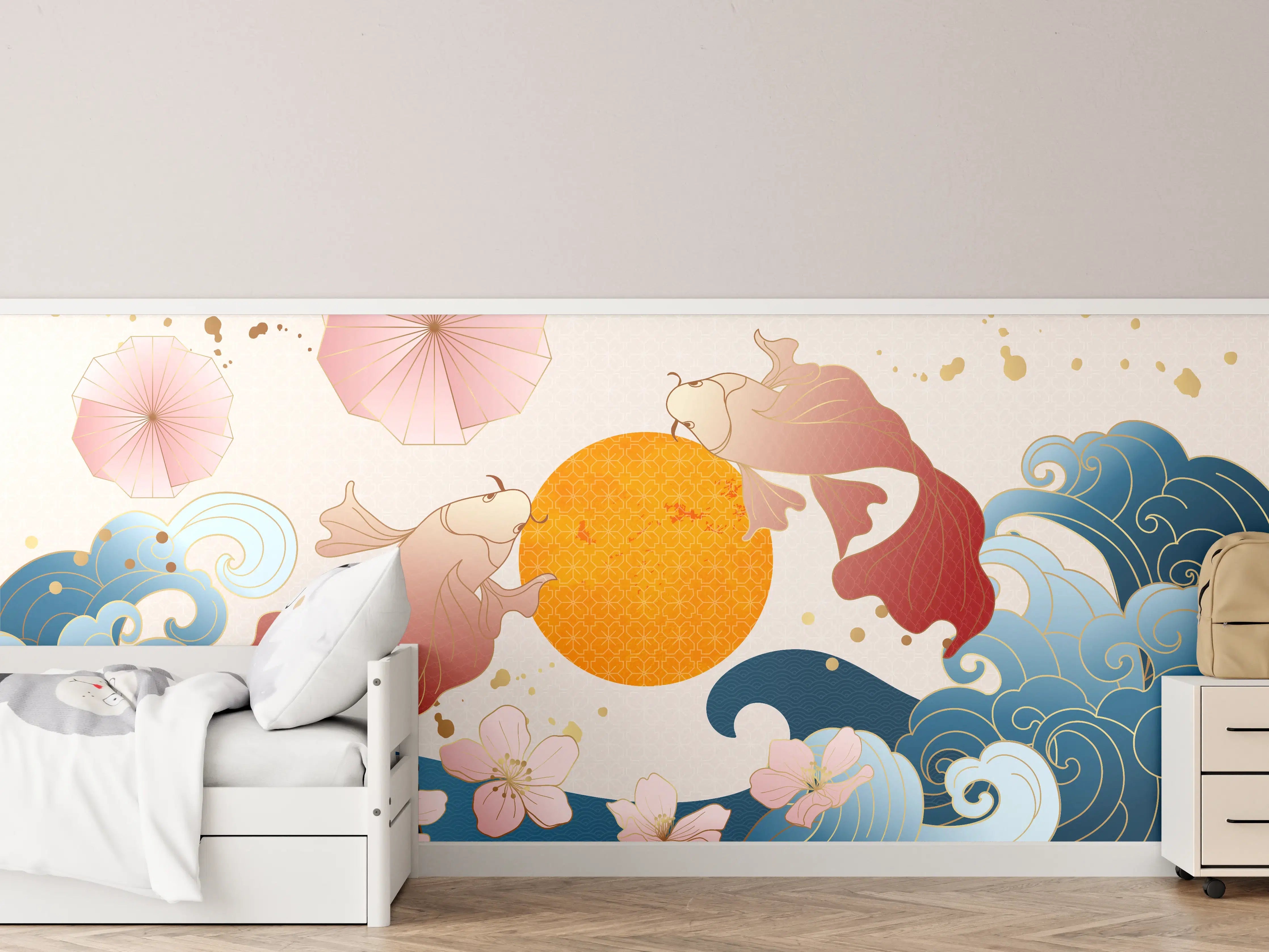 Kinderzimmer Wandgestaltung - Japanische Koi-Fische mit Sonnenmotiv