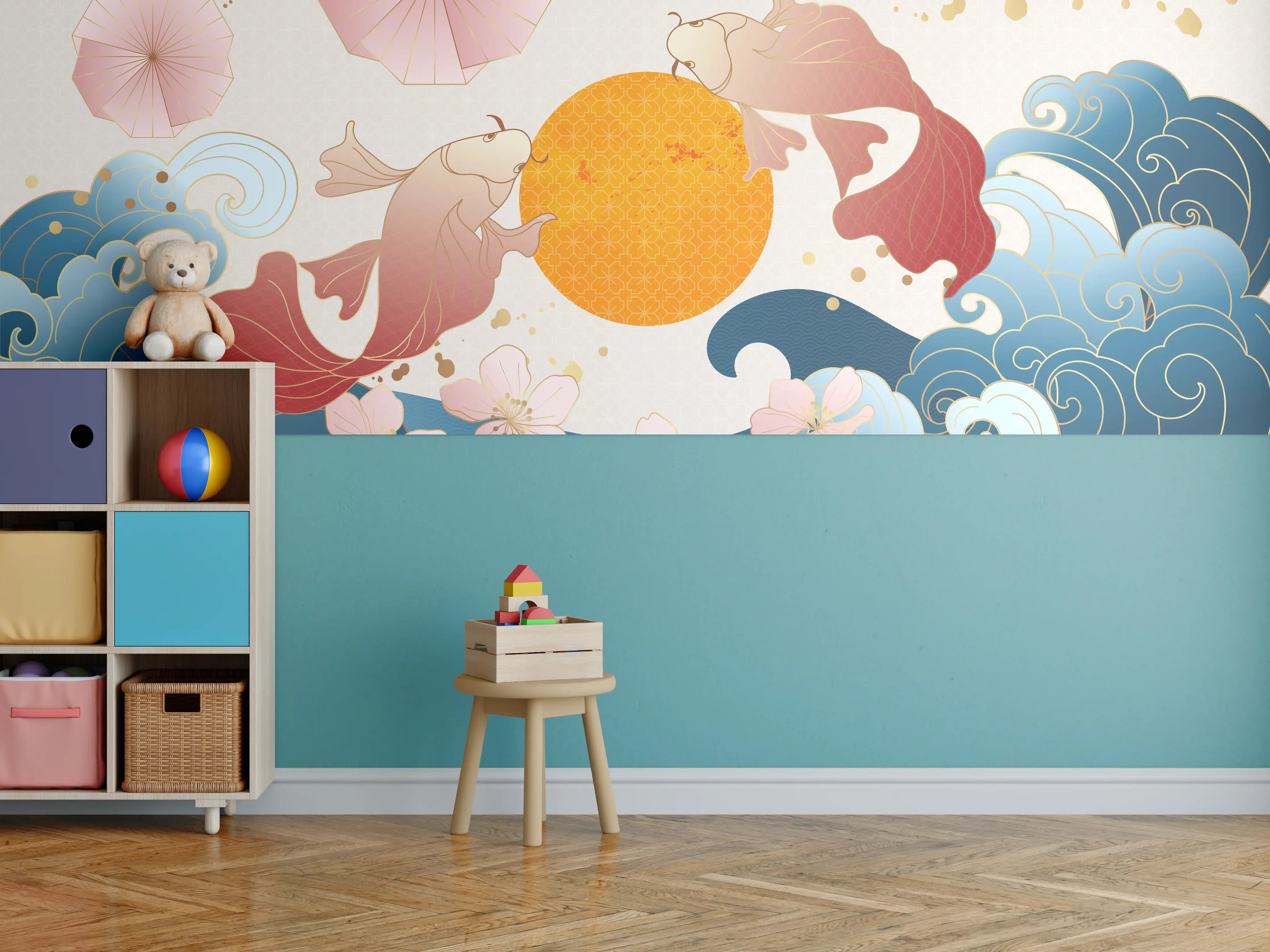 Kinderzimmer Wandgestaltung - Japanische Koi-Fische mit Sonnenmotiv