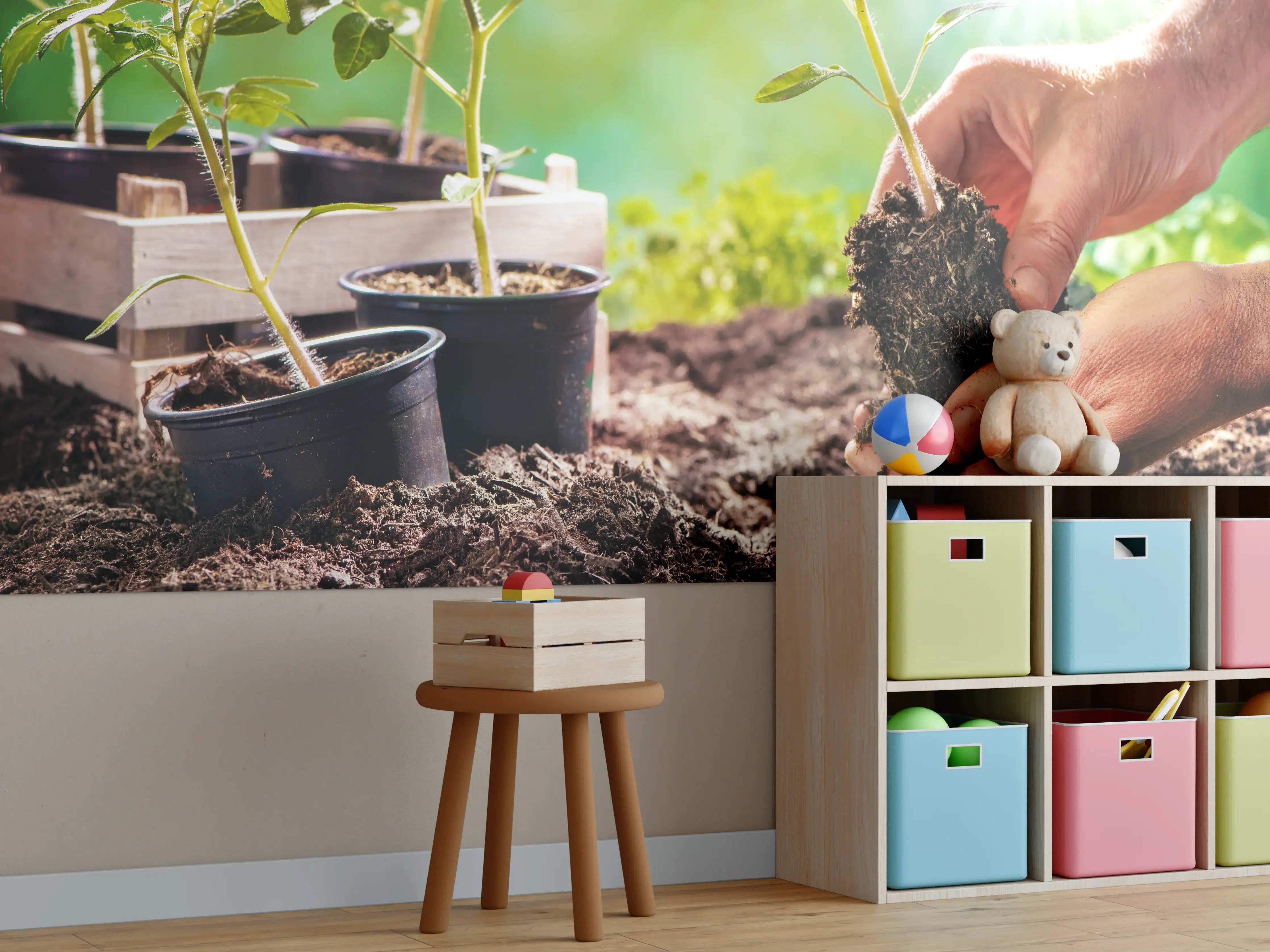 Kinderzimmer Wandgestaltung - Junge Pflanzen keimen im Sonnenschein