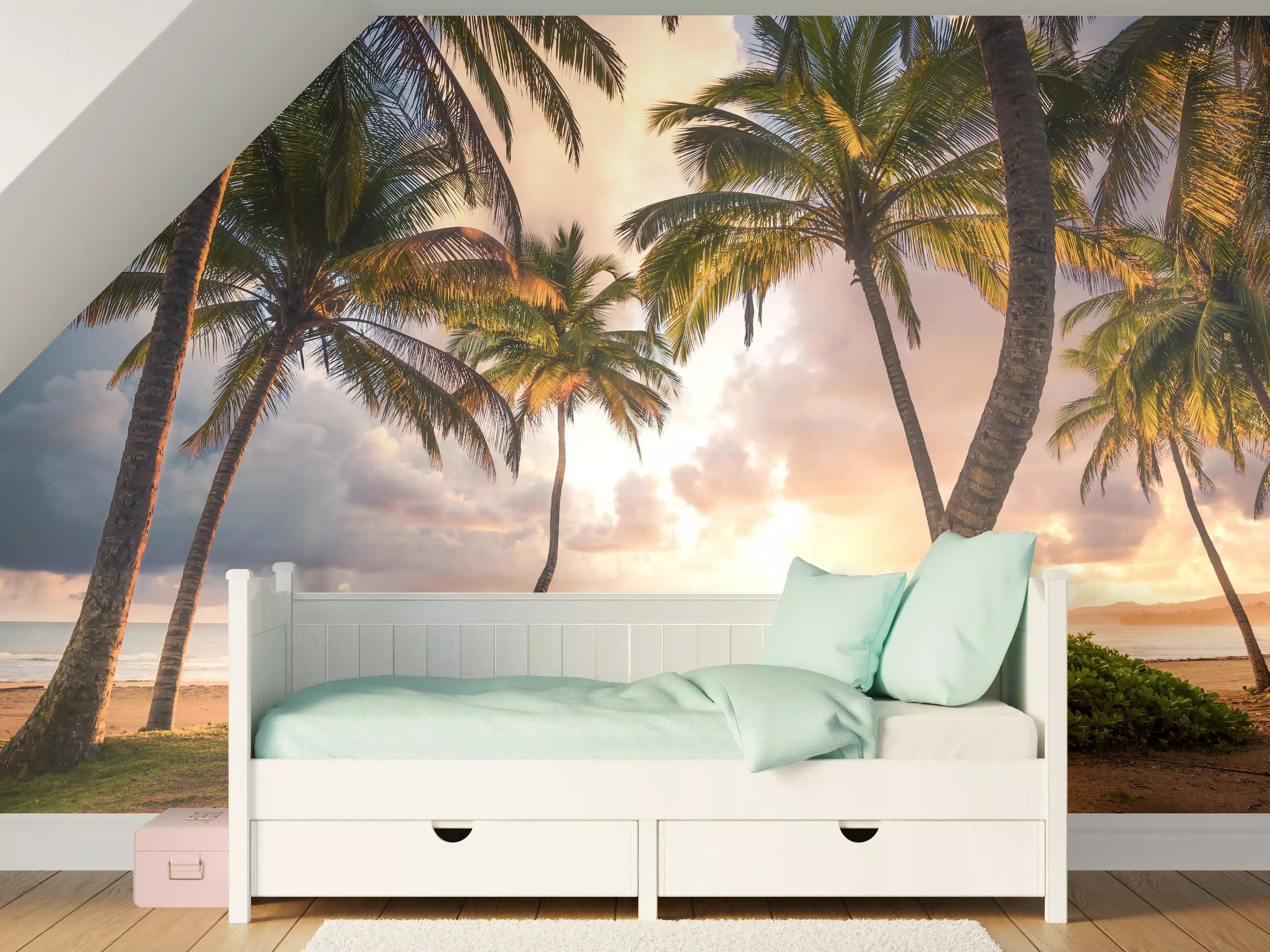 Kinderzimmer Wandgestaltung - Karibik Strand Sonnenaufgang Palmen
