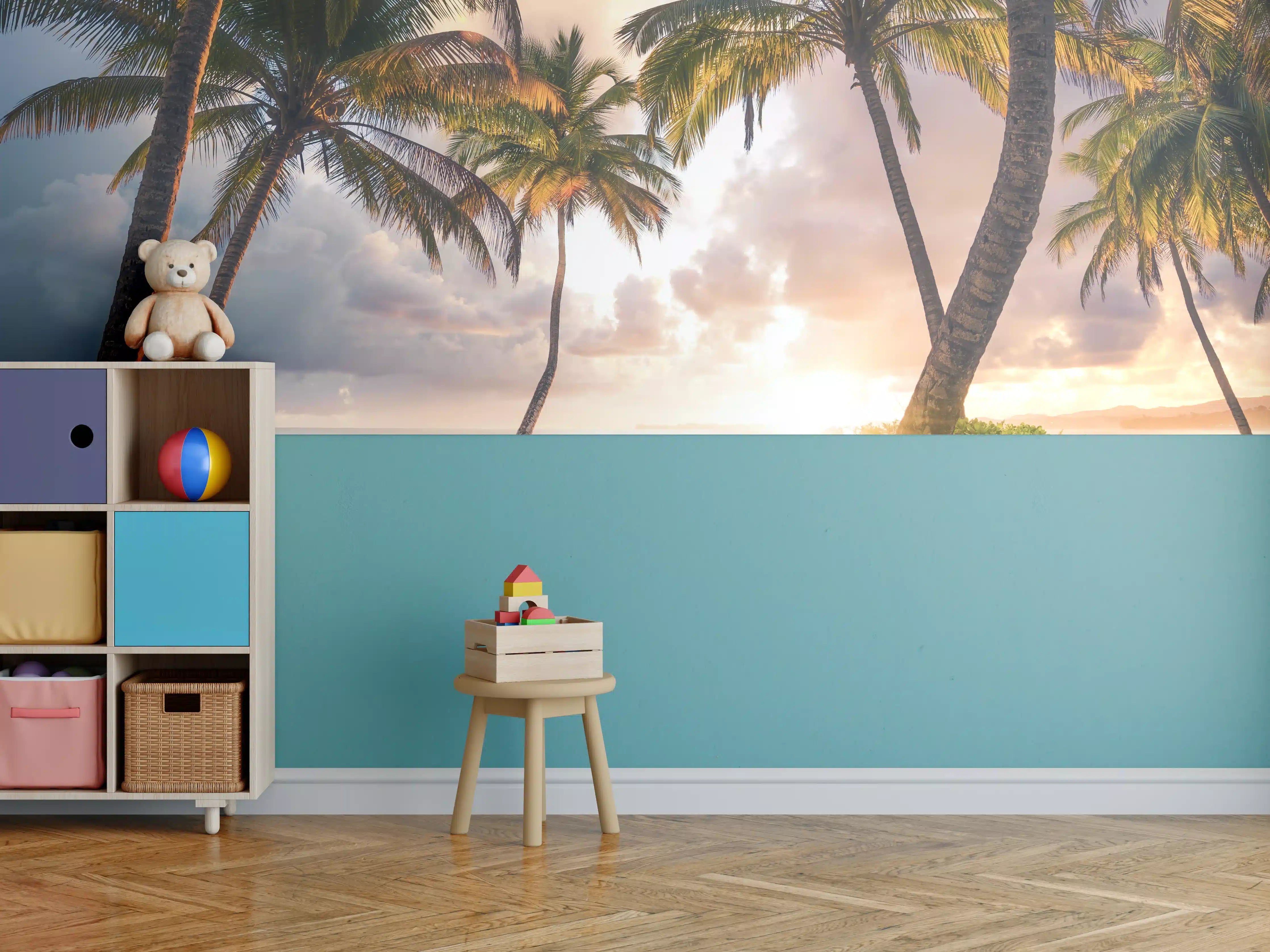 Kinderzimmer Wandgestaltung - Karibik Strand Sonnenaufgang Palmen