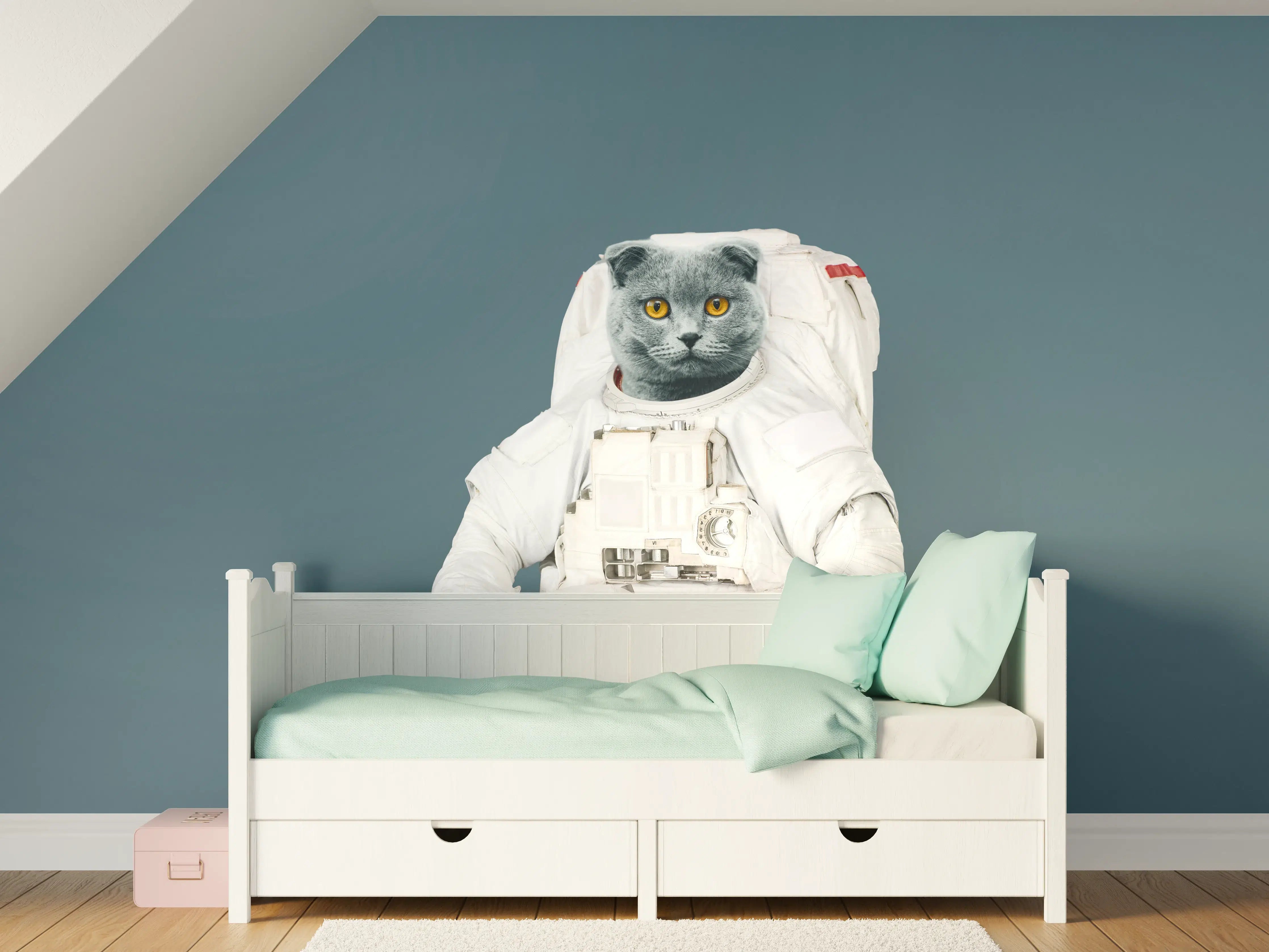 Kinderzimmer Wandgestaltung - Katzen-Astronaut Grau-Helm