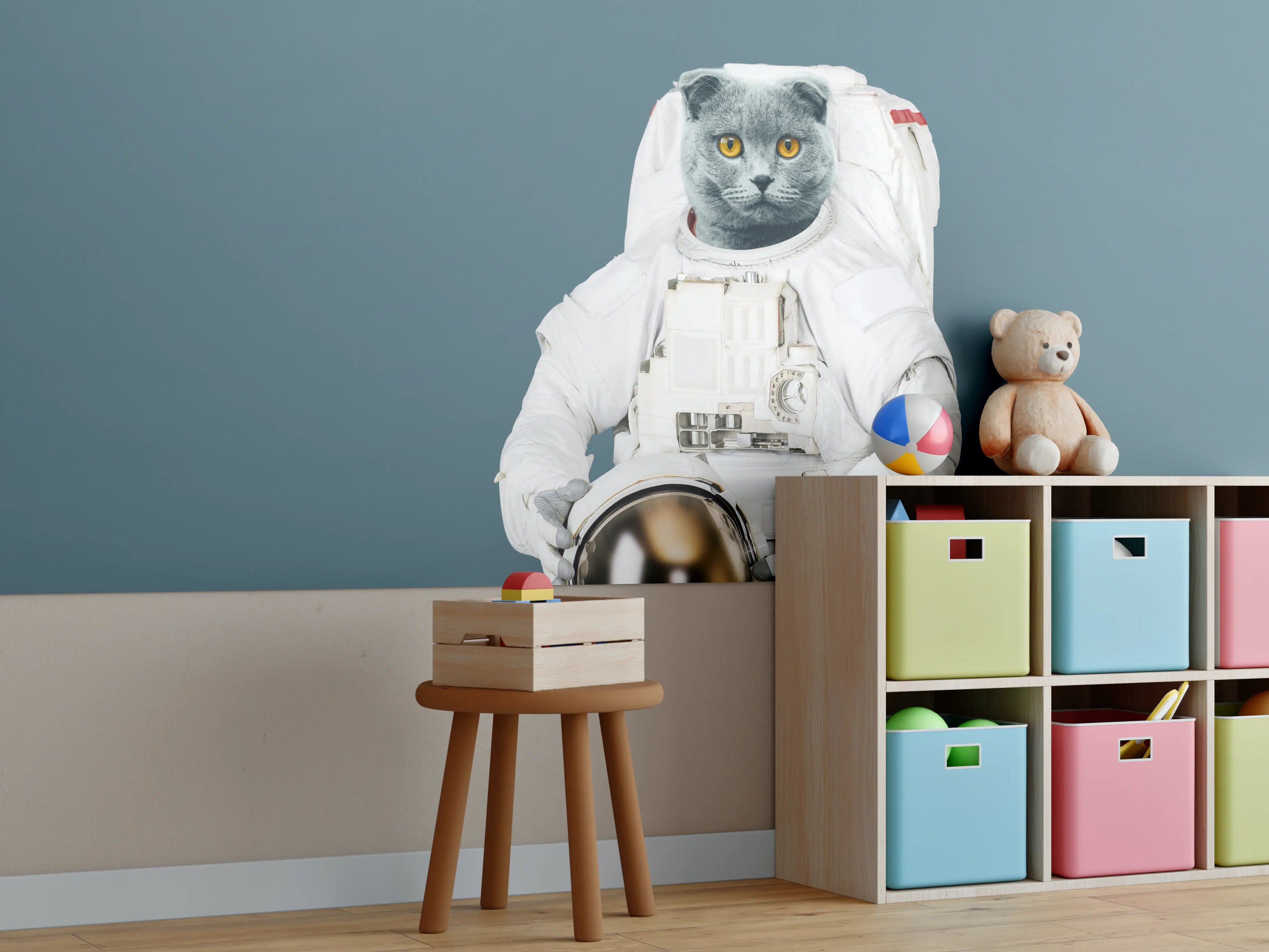 Kinderzimmer Wandgestaltung - Katzen-Astronaut Grau-Helm