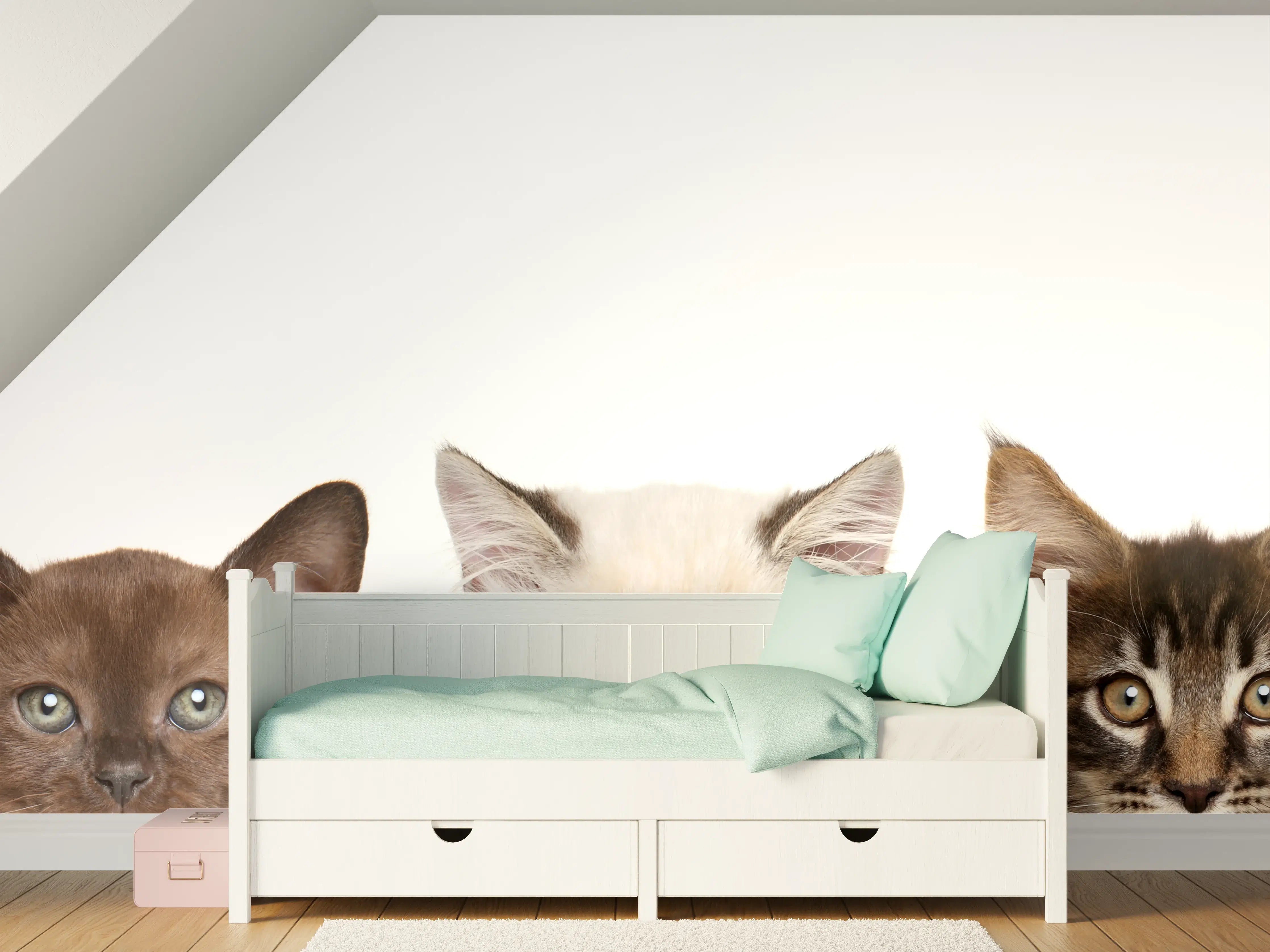 Kinderzimmer Wandgestaltung - Katzen-Kopf-Reihe in Weiß-Grau
