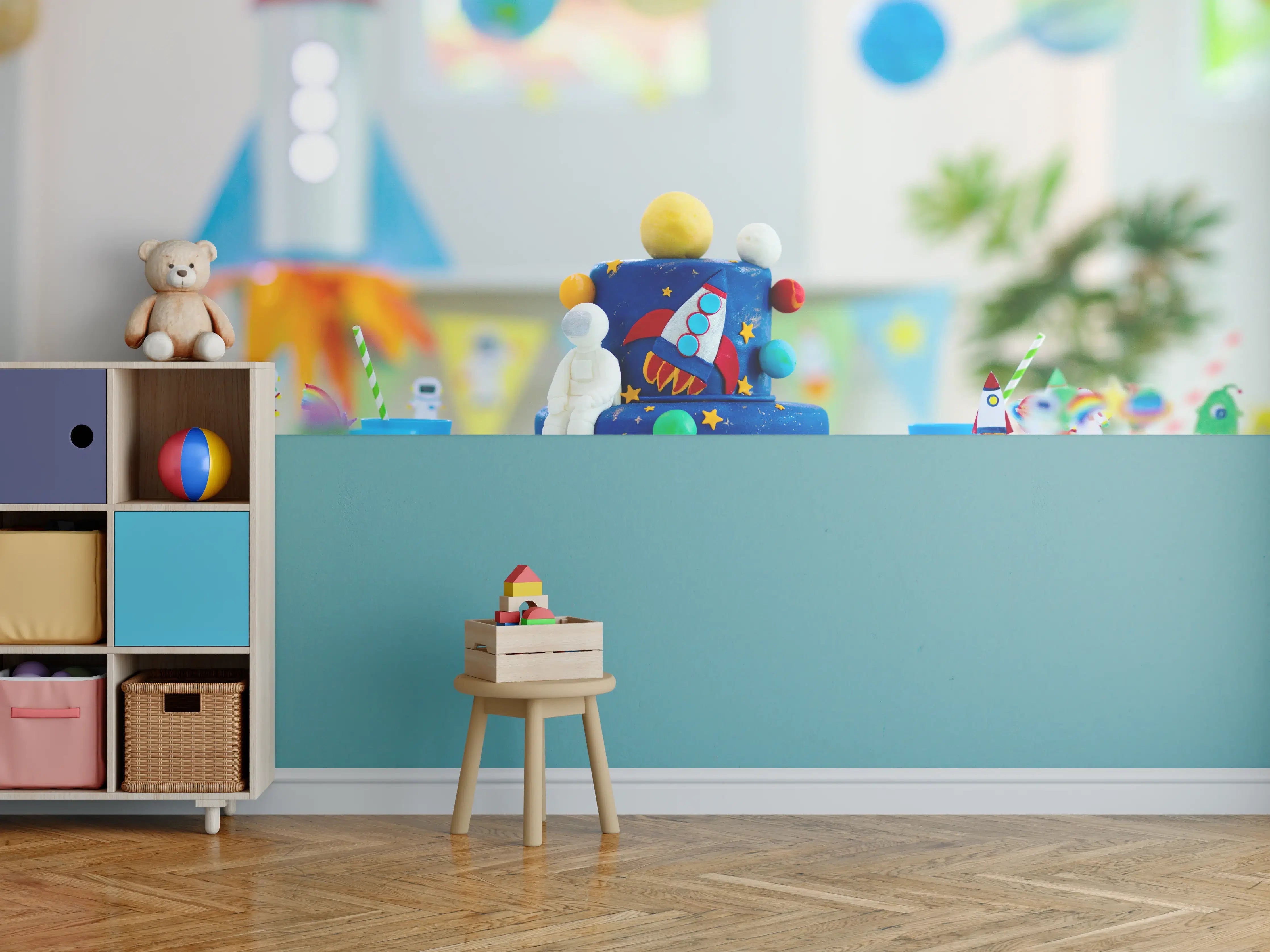 Kinderzimmer Wandgestaltung - Kindergeburtstagsfeier zum Thema Weltraum mit Kuchen.