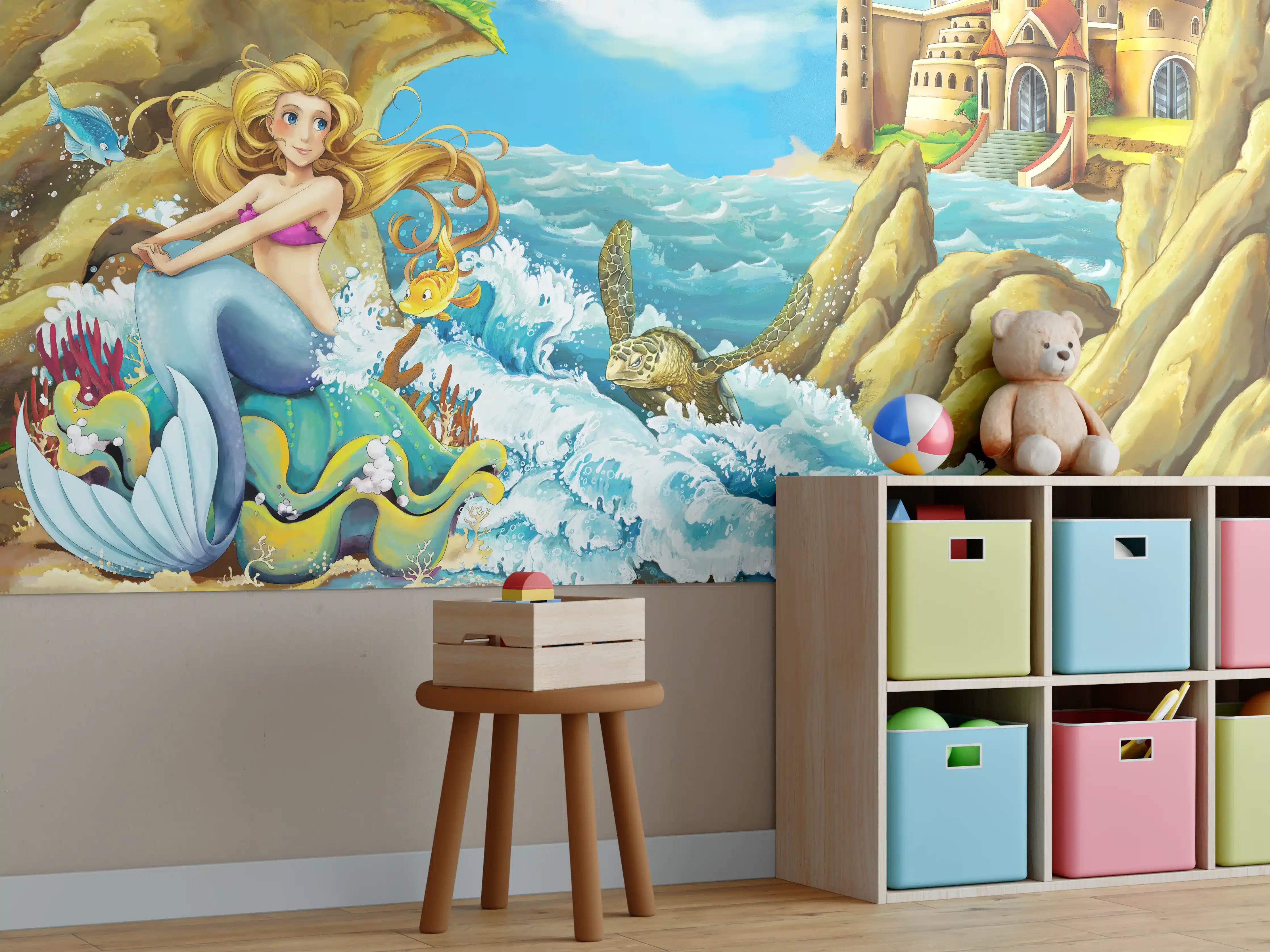 Kinderzimmer Wandgestaltung - Kindermotiv - Meerjungfrau mit Aussicht auf Schloss