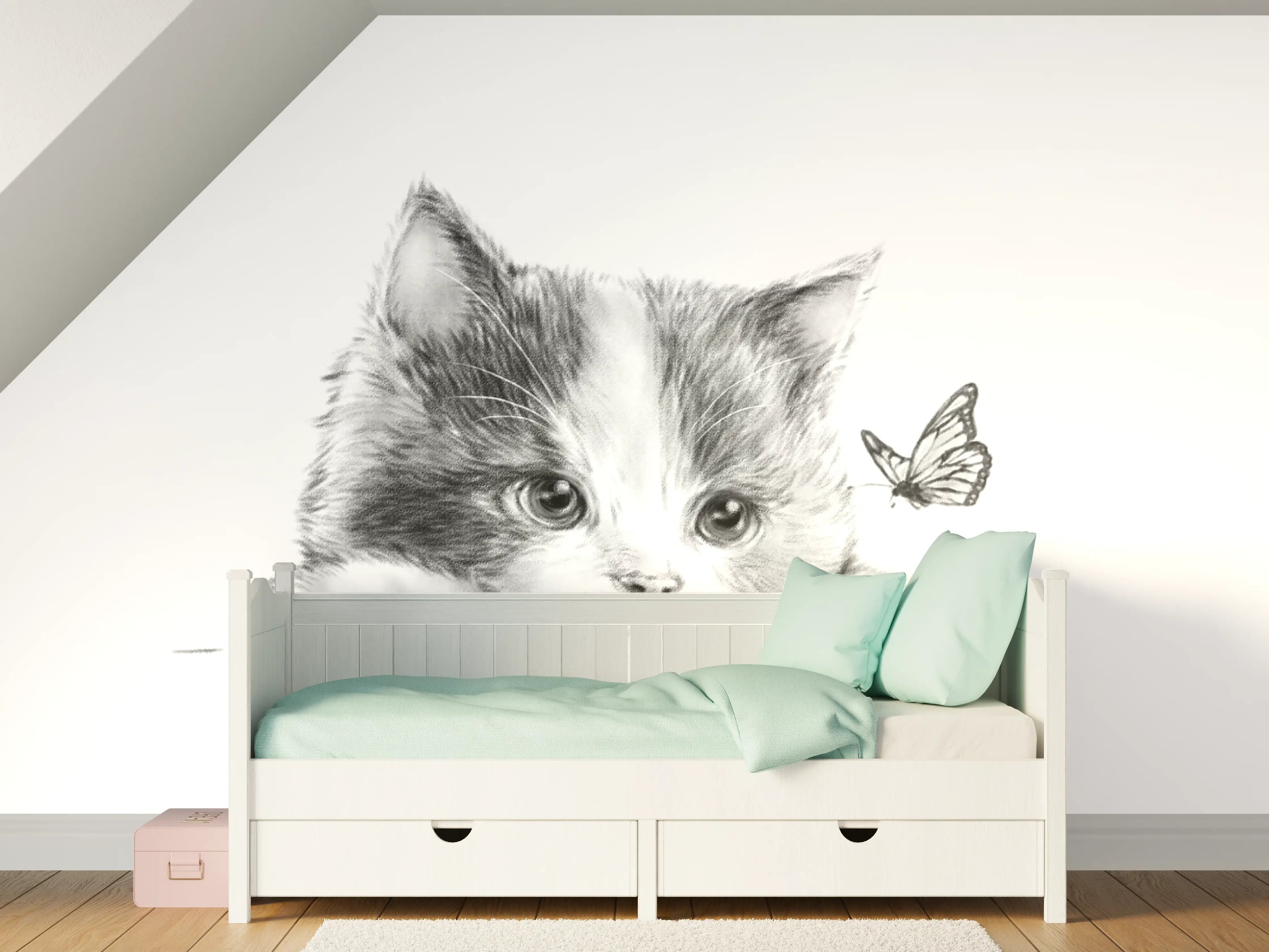 Kinderzimmer Wandgestaltung - Kindermotiv einer Katze - schwarz-weiß
