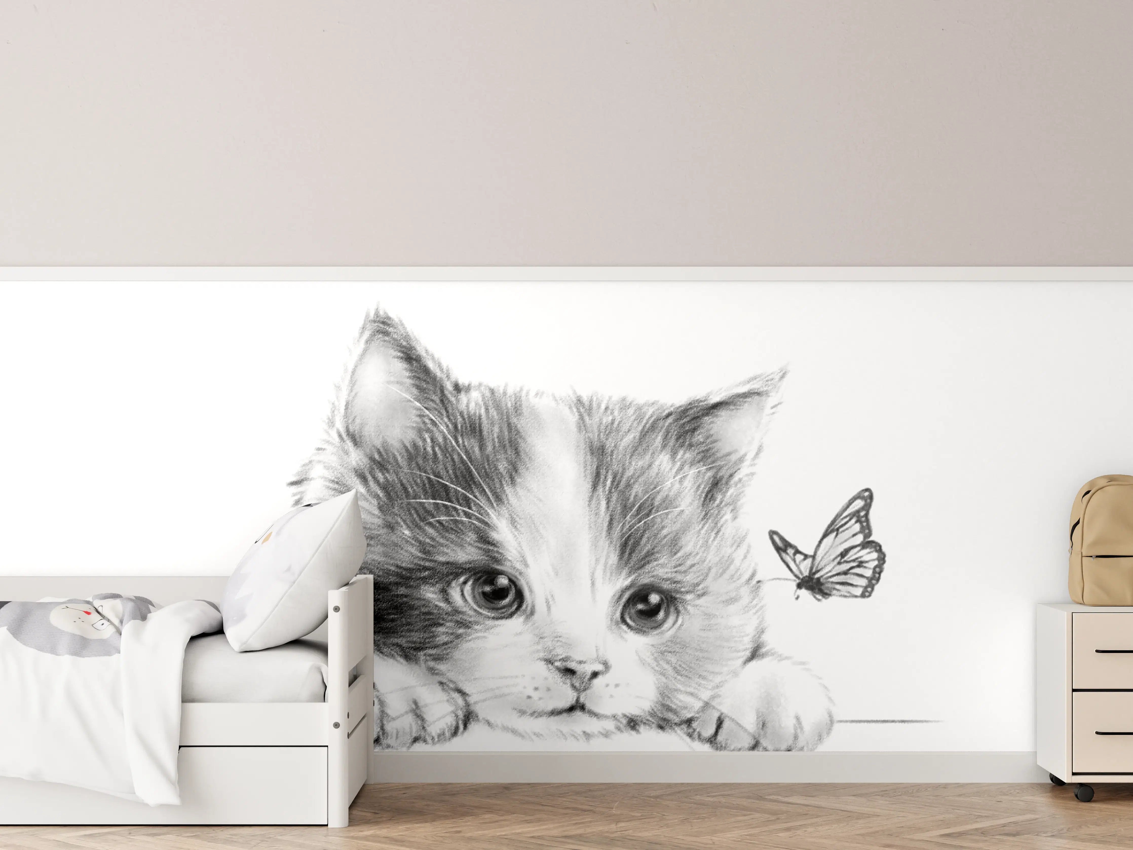 Kinderzimmer Wandgestaltung - Kindermotiv einer Katze - schwarz-weiß