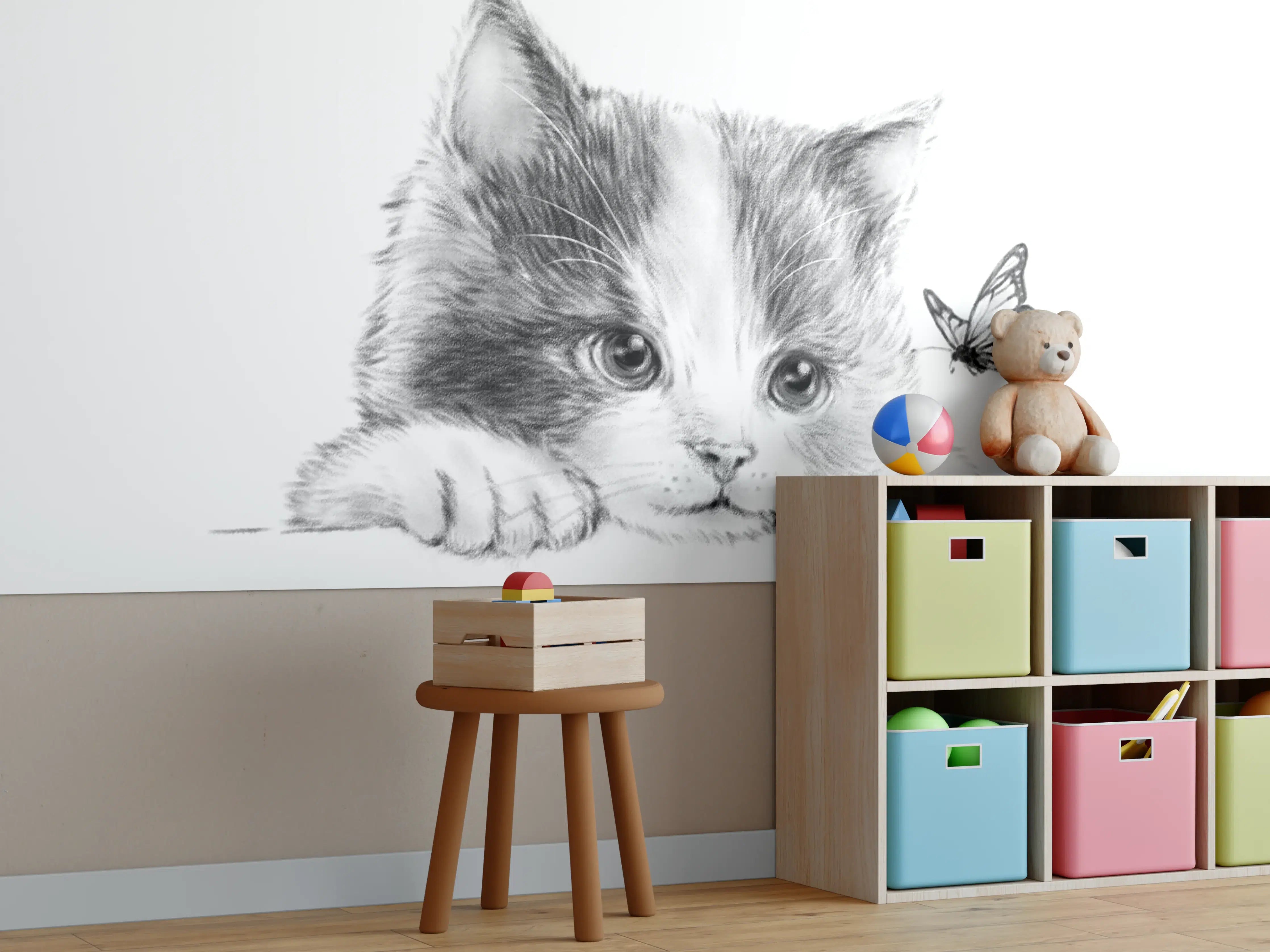Kinderzimmer Wandgestaltung - Kindermotiv einer Katze - schwarz-weiß