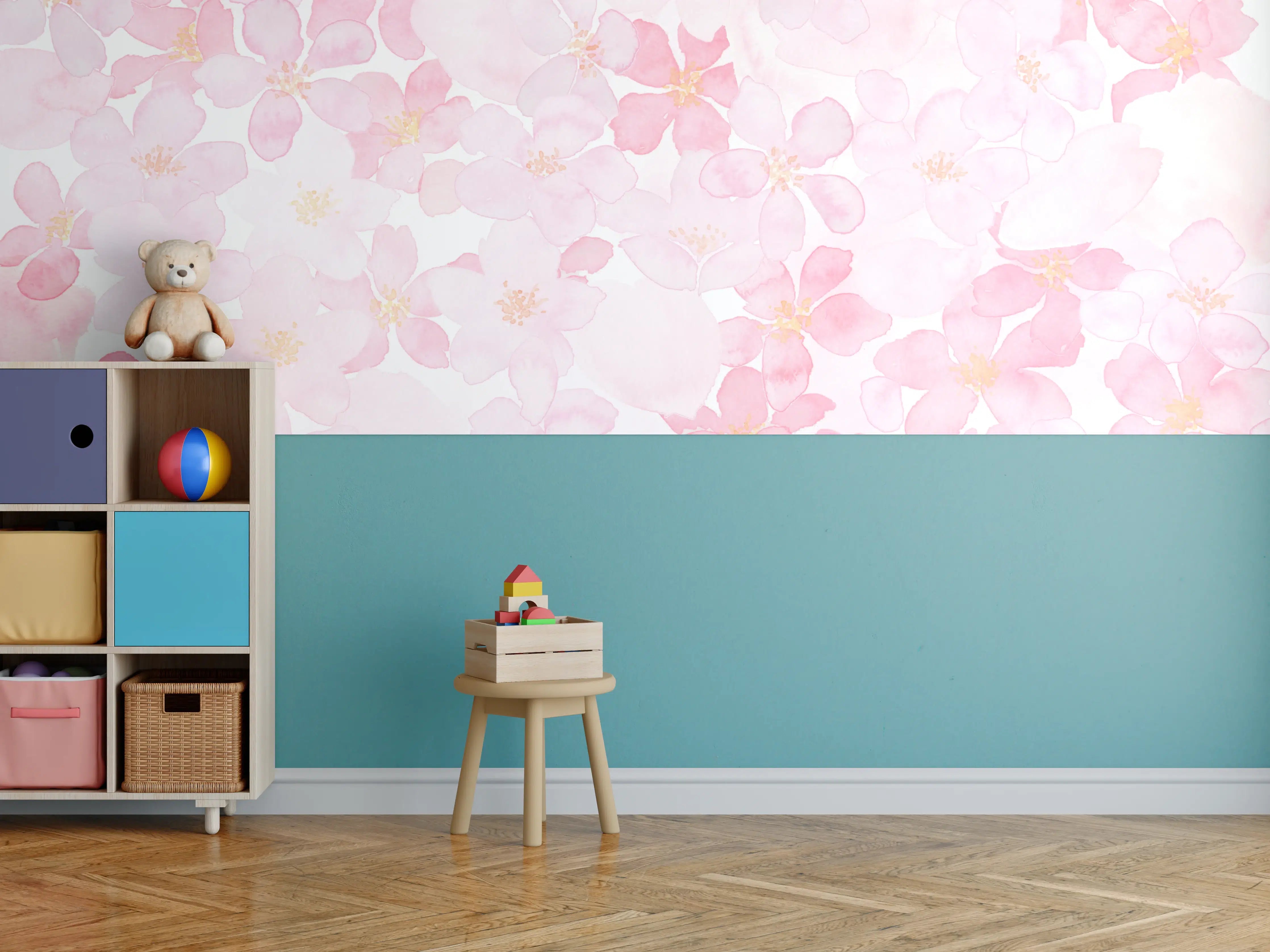 Kinderzimmer Wandgestaltung - Kirschblüten auf weißem Hintergrund