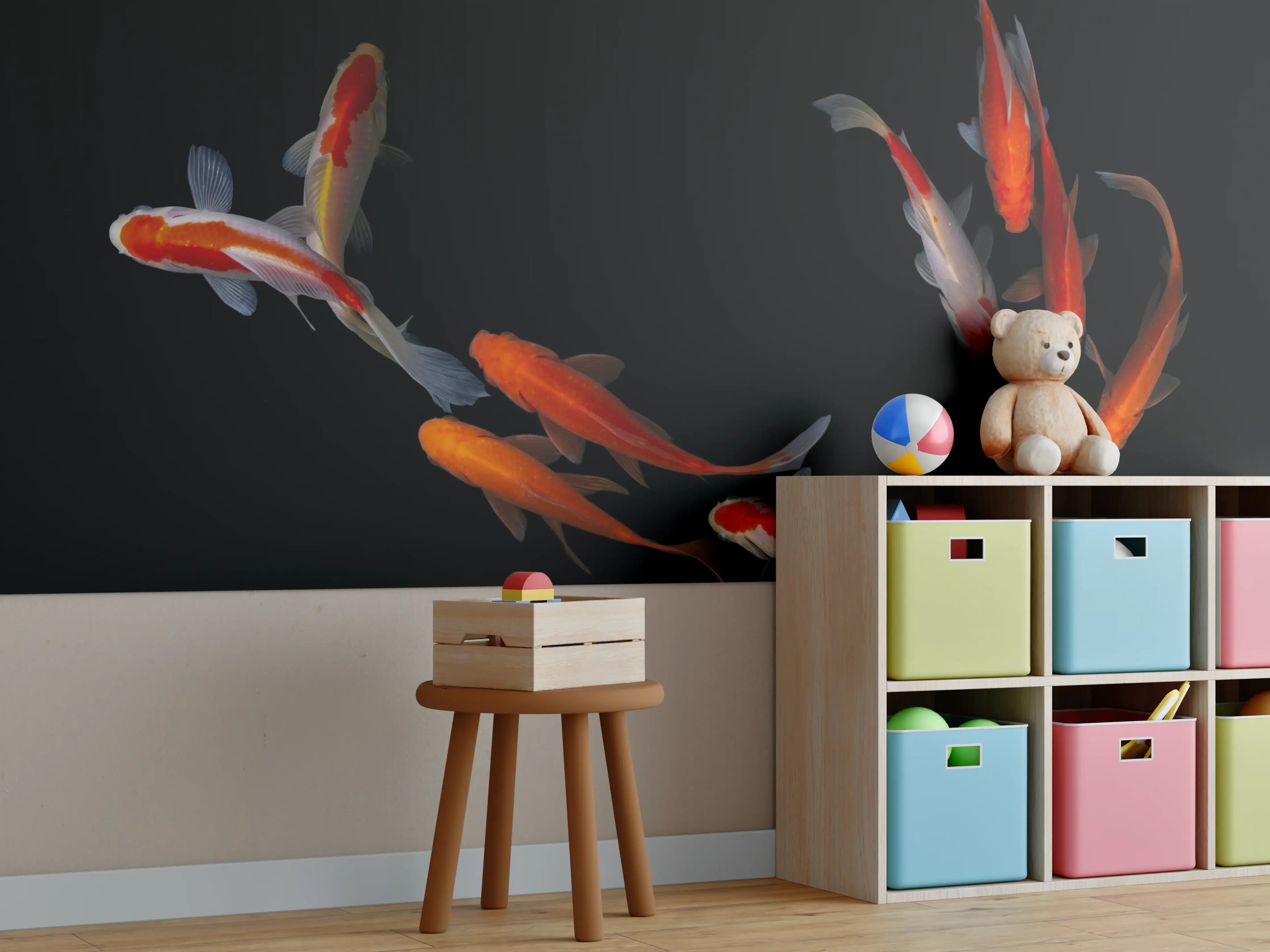 Kinderzimmer Wandgestaltung - Koi Fische auf schwarzem Hintergrund