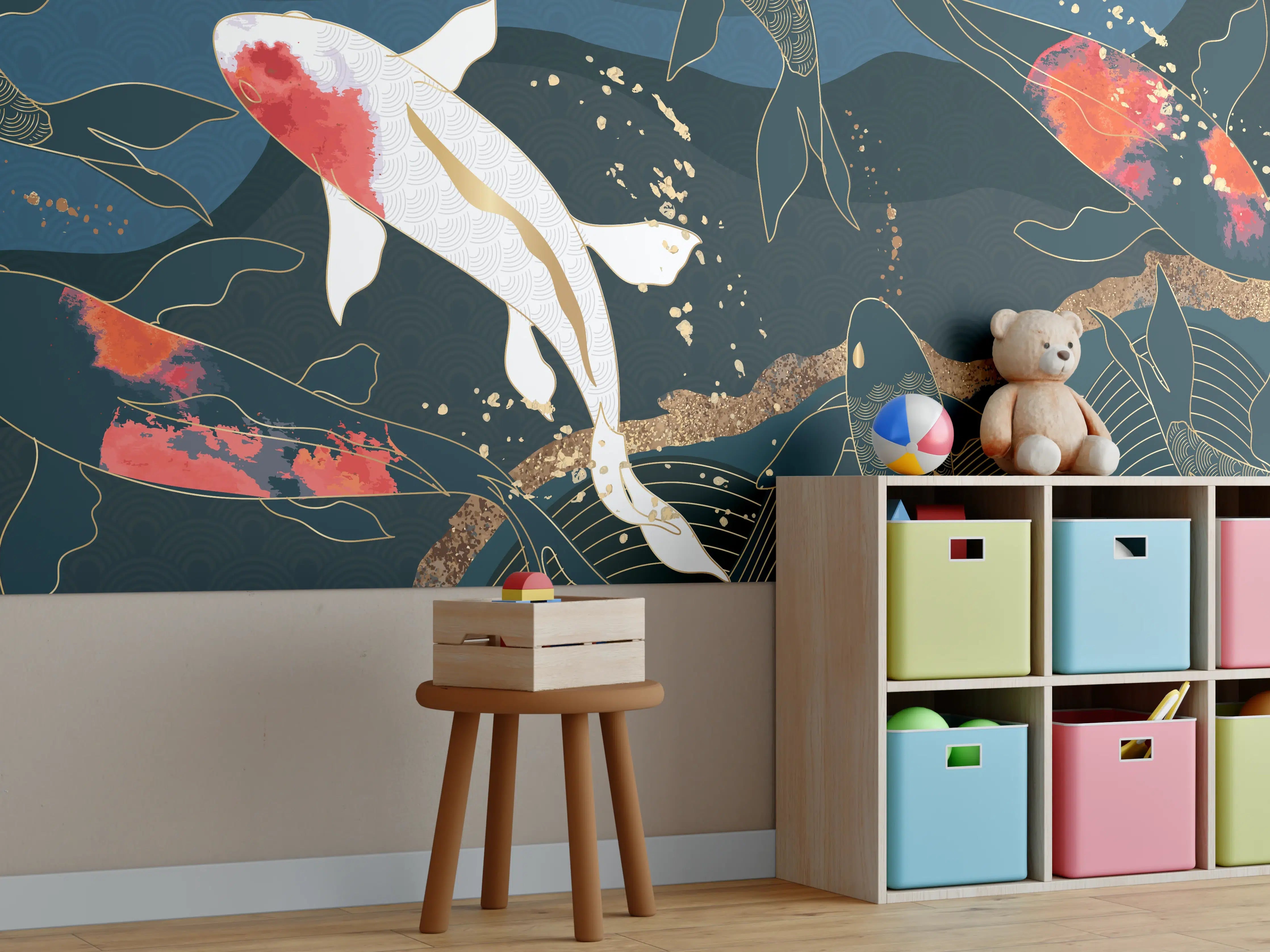 Kinderzimmer Wandgestaltung - Koi-Fische im Wasser mit Pflanzen und Goldakzenten
