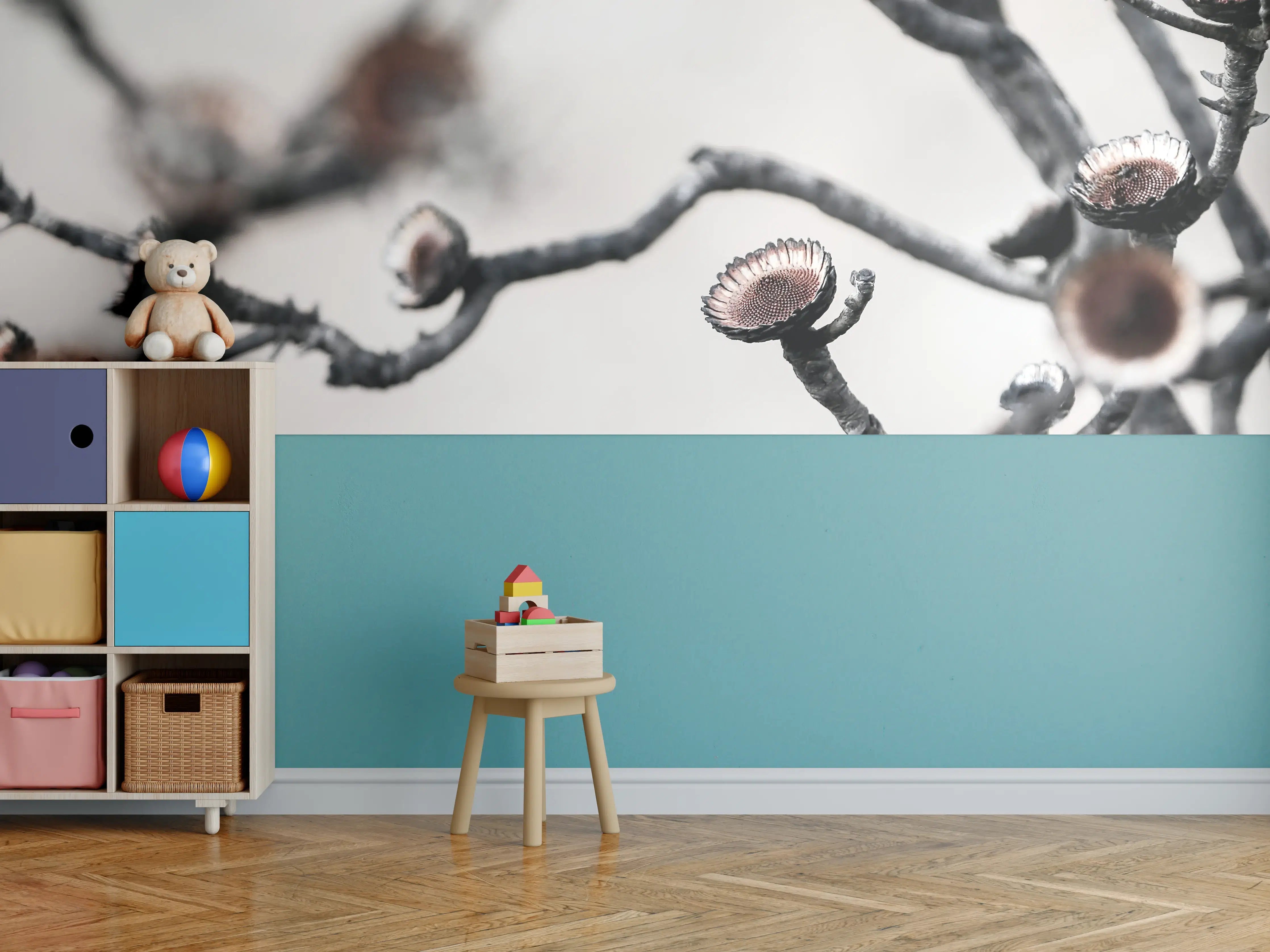Kinderzimmer Wandgestaltung - Kontrastreiches Ast-Motiv