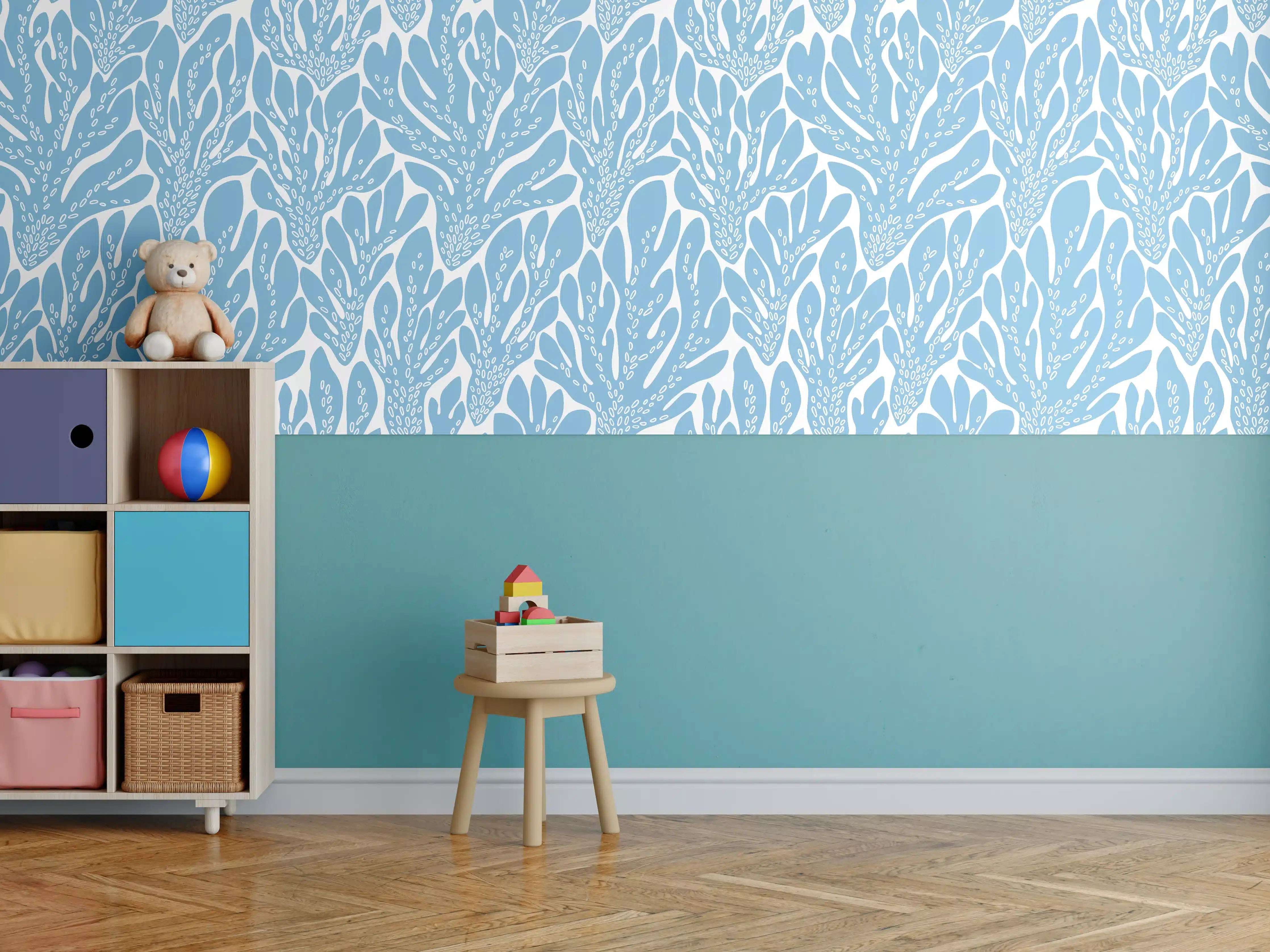 Kinderzimmer Wandgestaltung - Korallen-Abstract Blau-Weiß