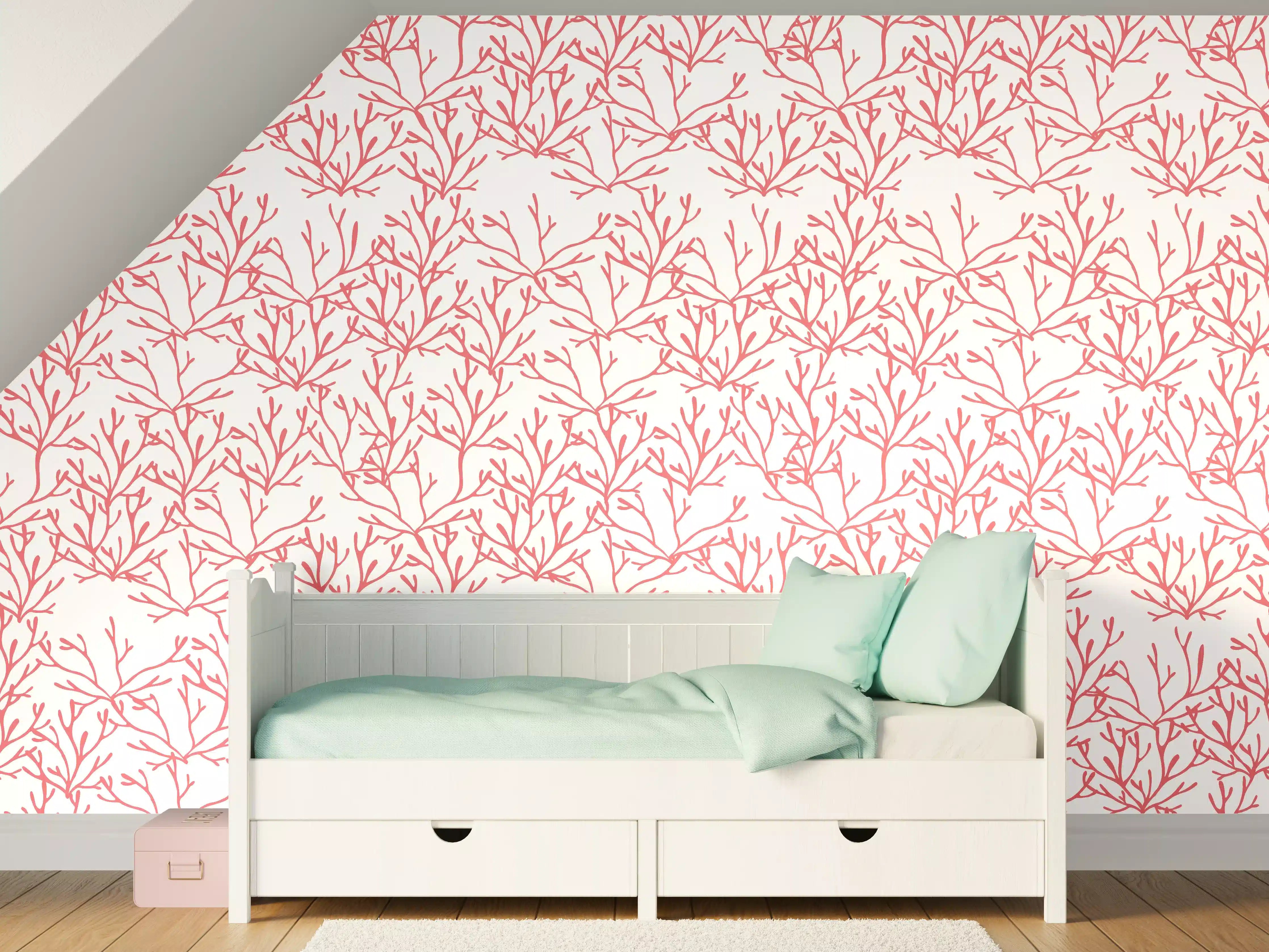 Kinderzimmer Wandgestaltung - Korallenmuster Rosa auf Weiß