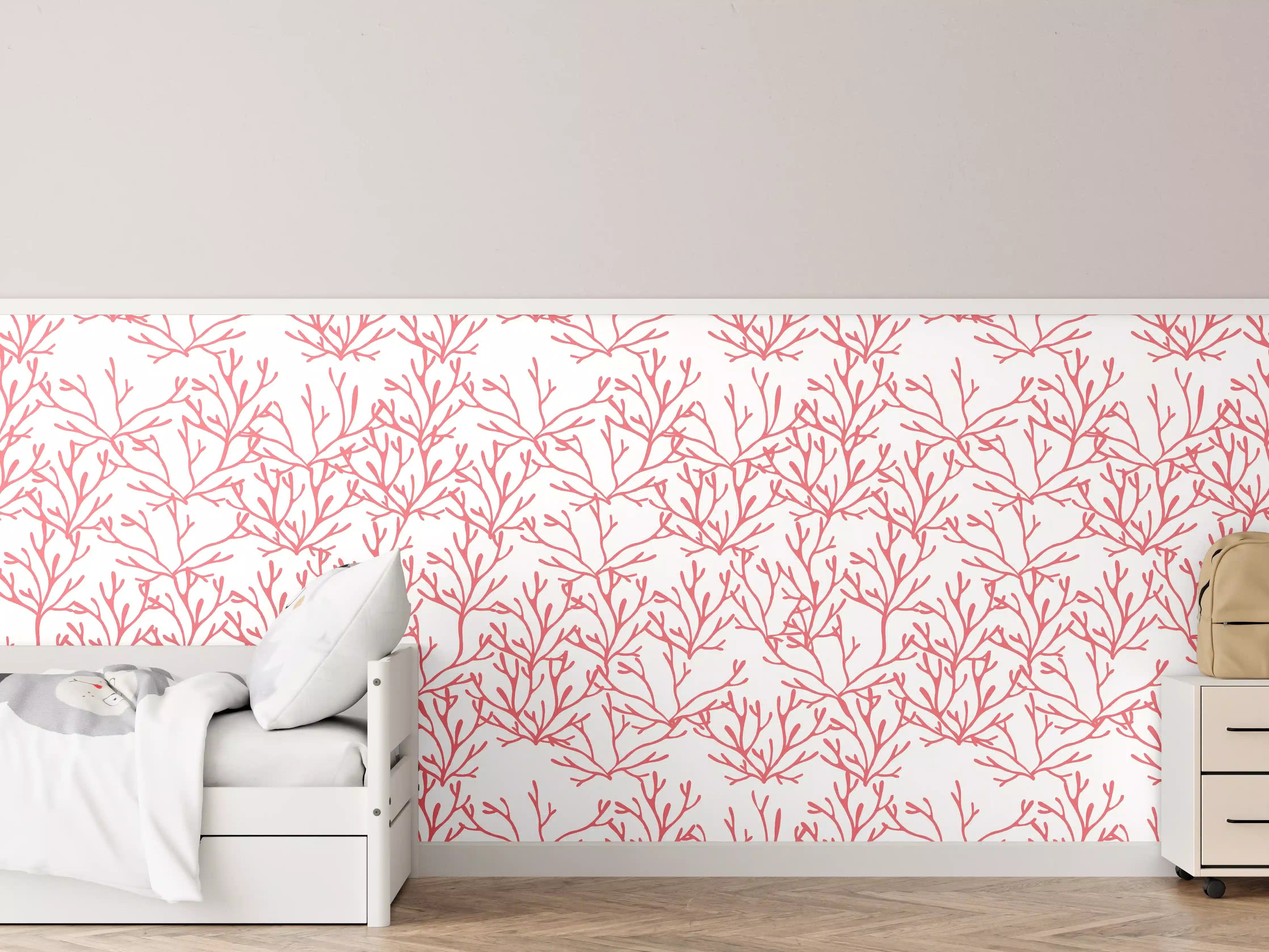 Kinderzimmer Wandgestaltung - Korallenmuster Rosa auf Weiß