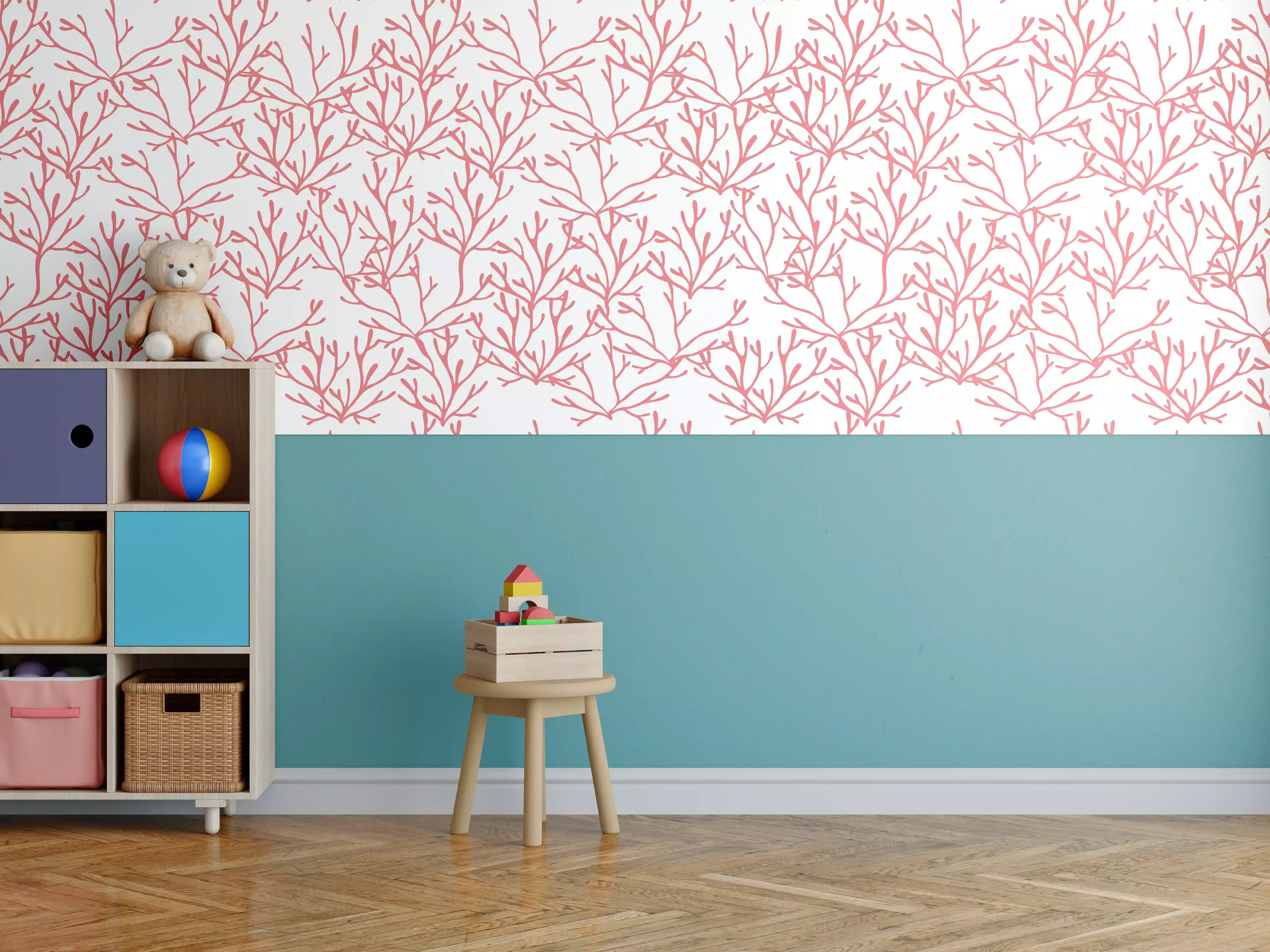 Kinderzimmer Wandgestaltung - Korallenmuster Rosa auf Weiß