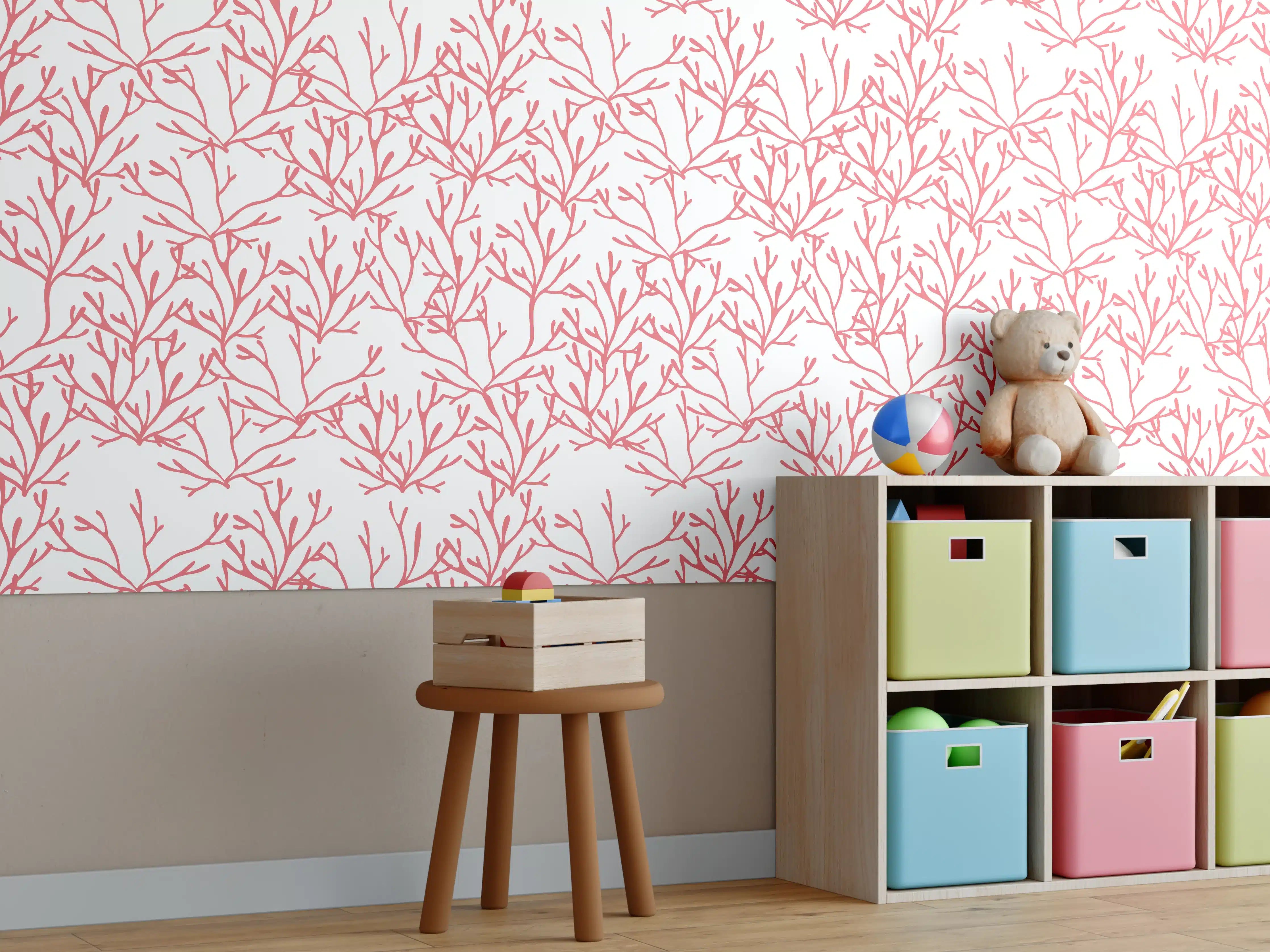 Kinderzimmer Wandgestaltung - Korallenmuster Rosa auf Weiß
