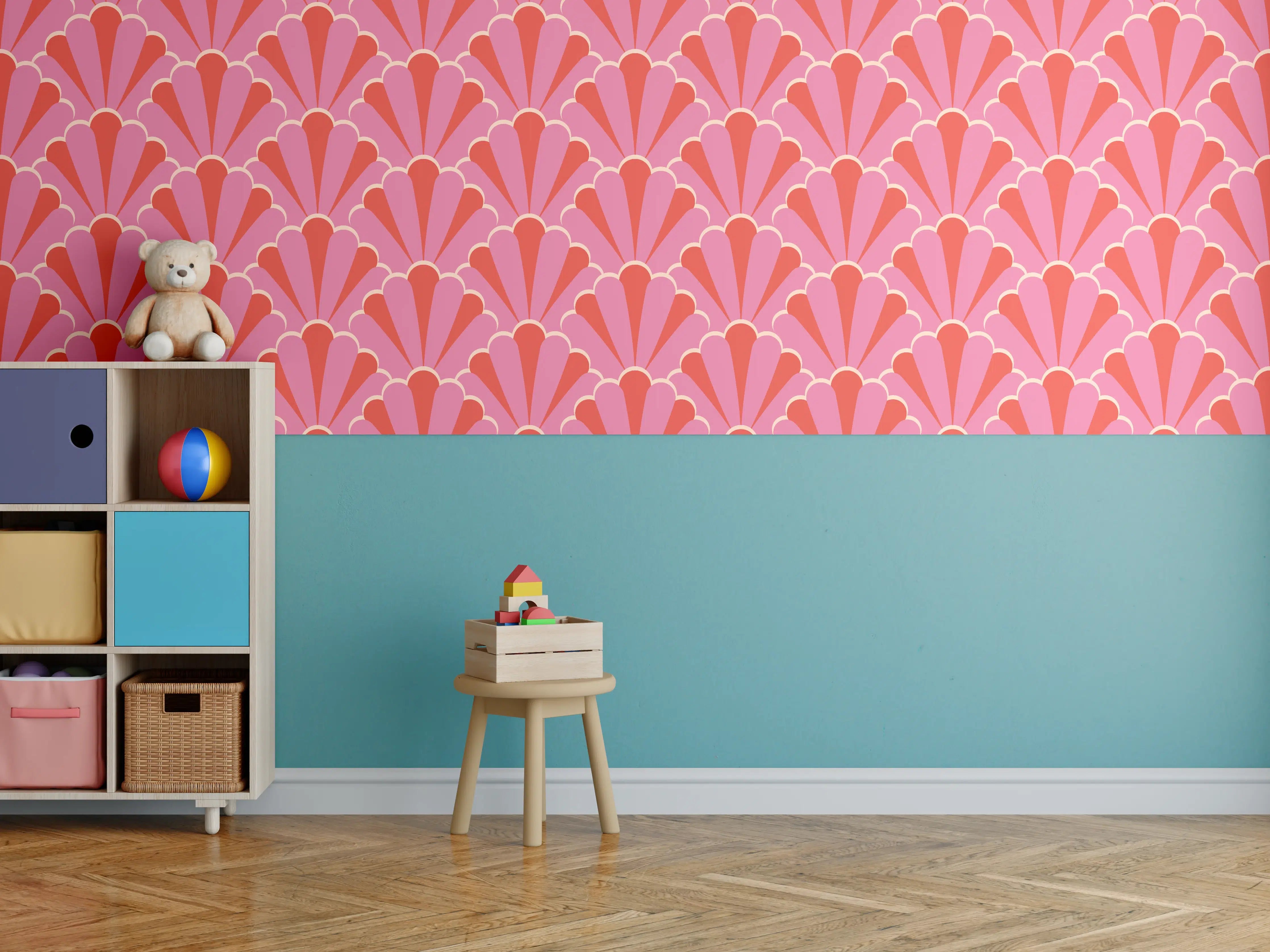 Kinderzimmer Wandgestaltung - Korallenrosa Muschel-Tapete